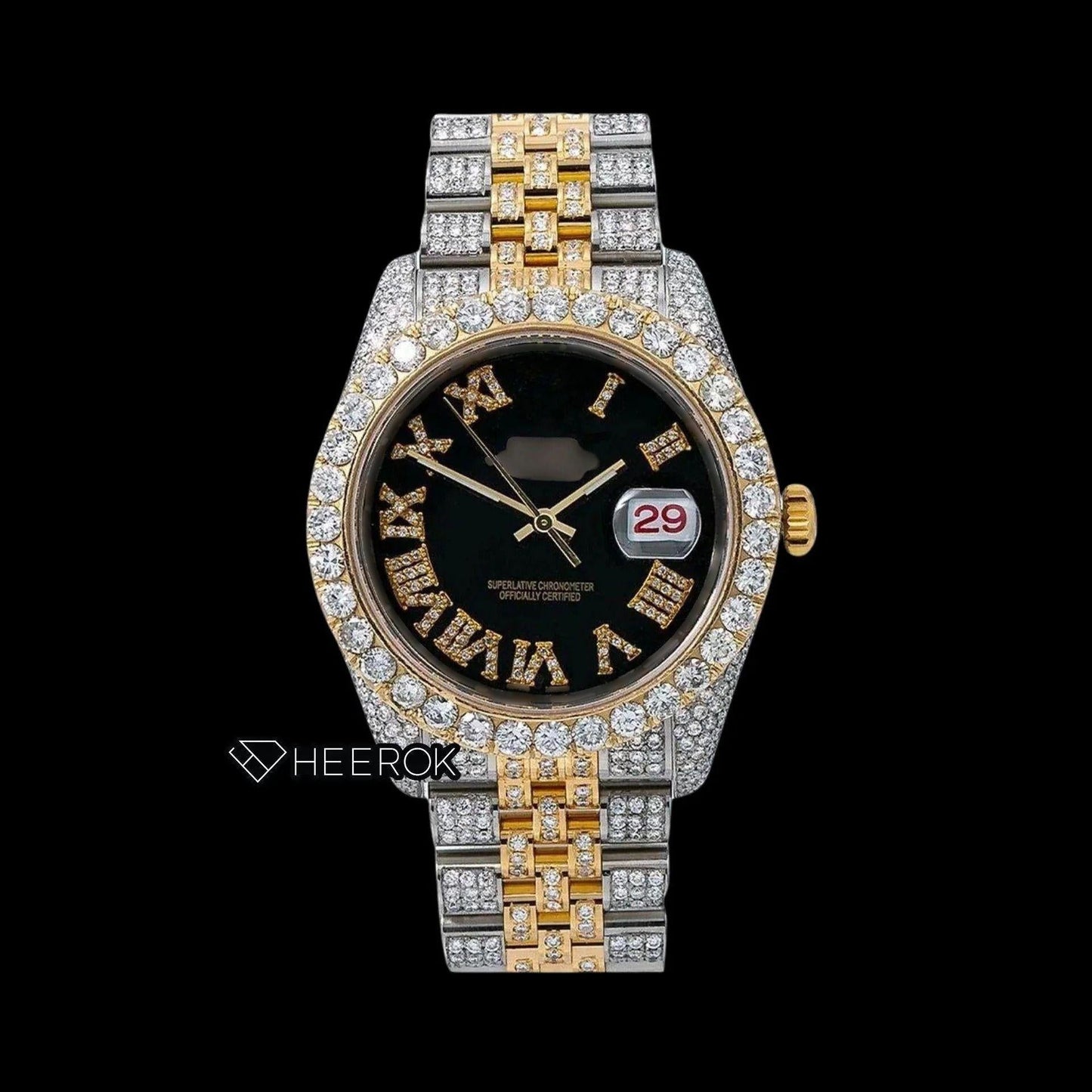Rolex Datejust Black Dial Roman Diamond Numerals Diamond Bezel Two Tone Yellow Gold Iced Out Moissanite Diamond Jubilee Bracelet For Women