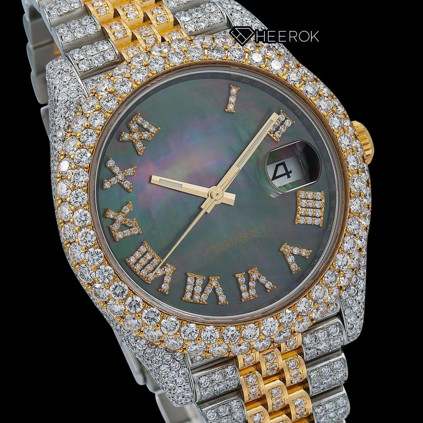Rolex Datejust Black Dial Roman Numerals Diamond Bezel Two Tone Yellow Gold Moissanite Diamond Jubilee Bracelet Watch