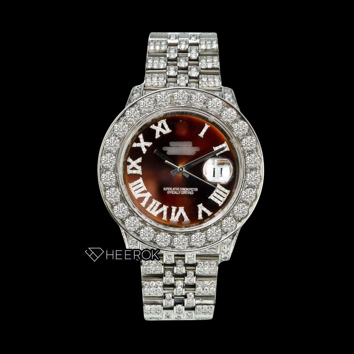 Rolex Datejust Brown Dial Roman Diamond Numerals Diamond Bezel Fully Iced Moissanite Diamond Jubilee Bracelet For Women