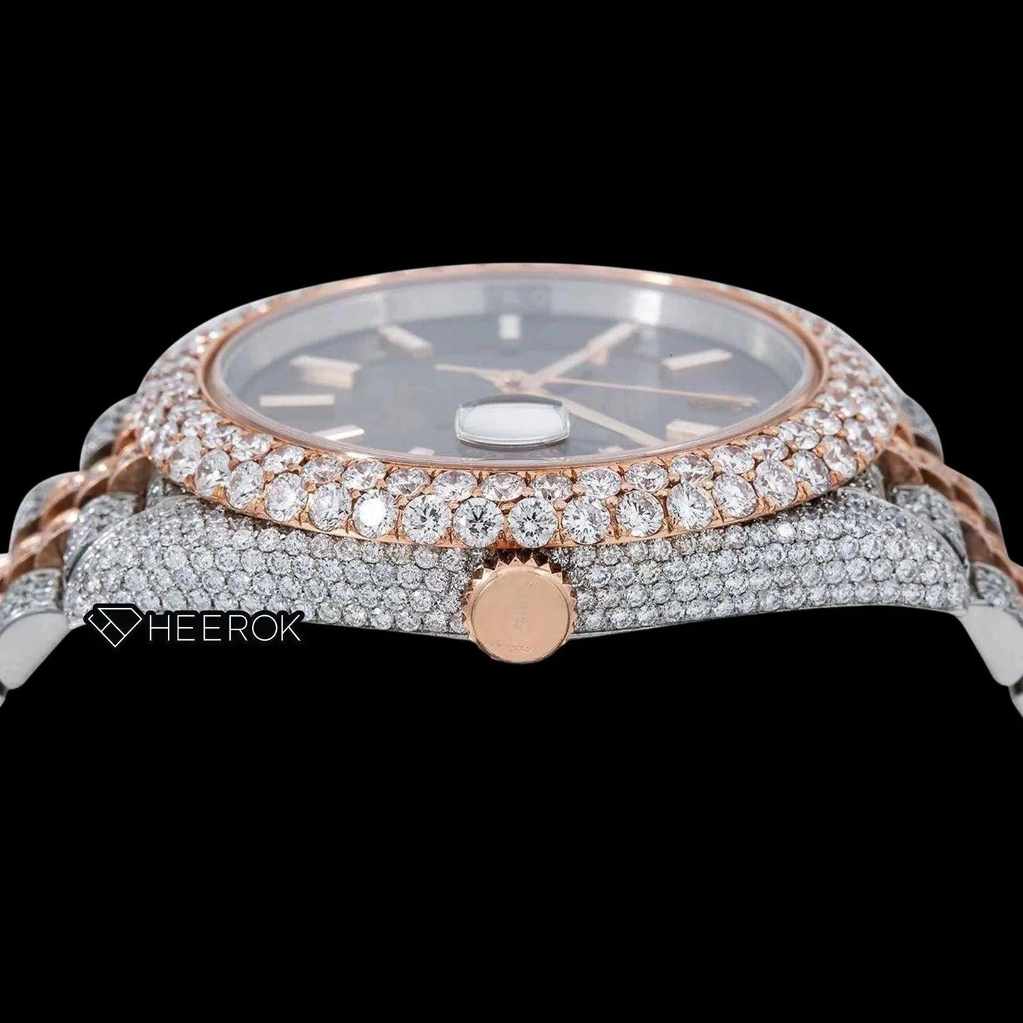 Rolex Datejust Brown Dial White Stick Markers Diamond Bezel Two Tone Rose Gold Fully Iced Moissanite Diamond Jubilee Bracelet For Women
