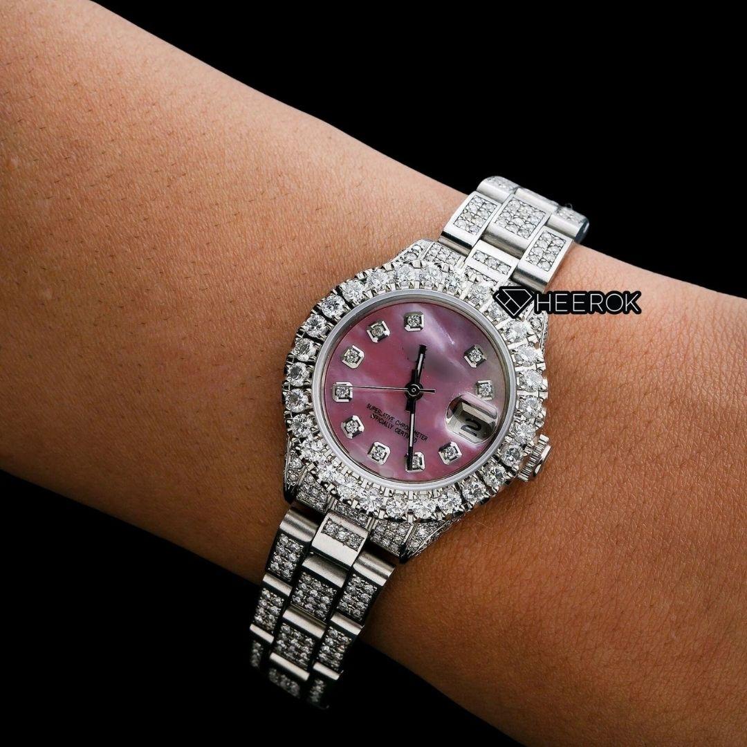 Rolex Datejust Diamond Markers Pink Mother of Pearl Dial Large Diamond Bezel Moissanite Diamond Oyster Bracelet For Women