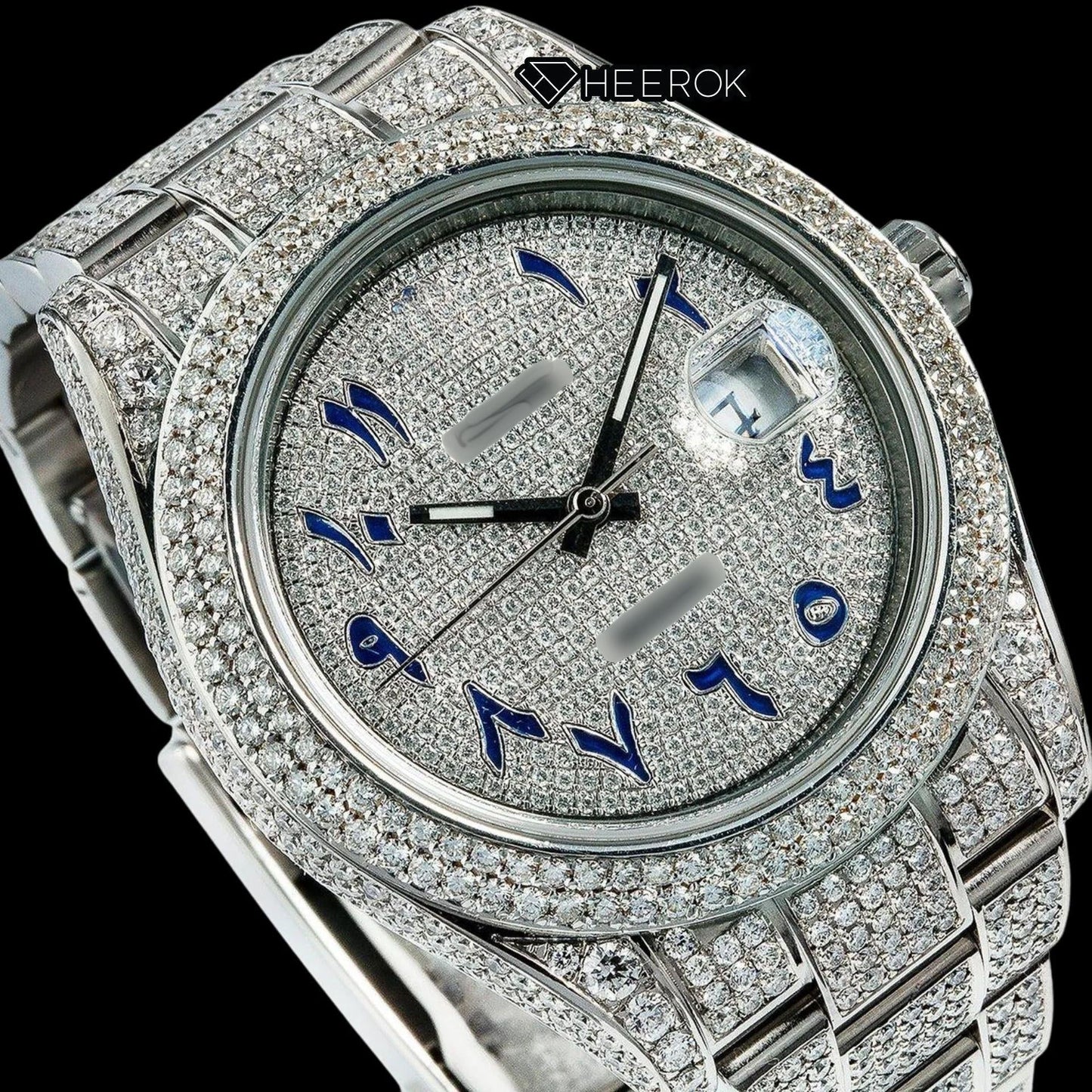 Rolex Datejust Diamond Paved Dial Blue Arabic Numerals Diamond Bezel Bust Down Moissanite Diamond Oyster Bracelet Watch