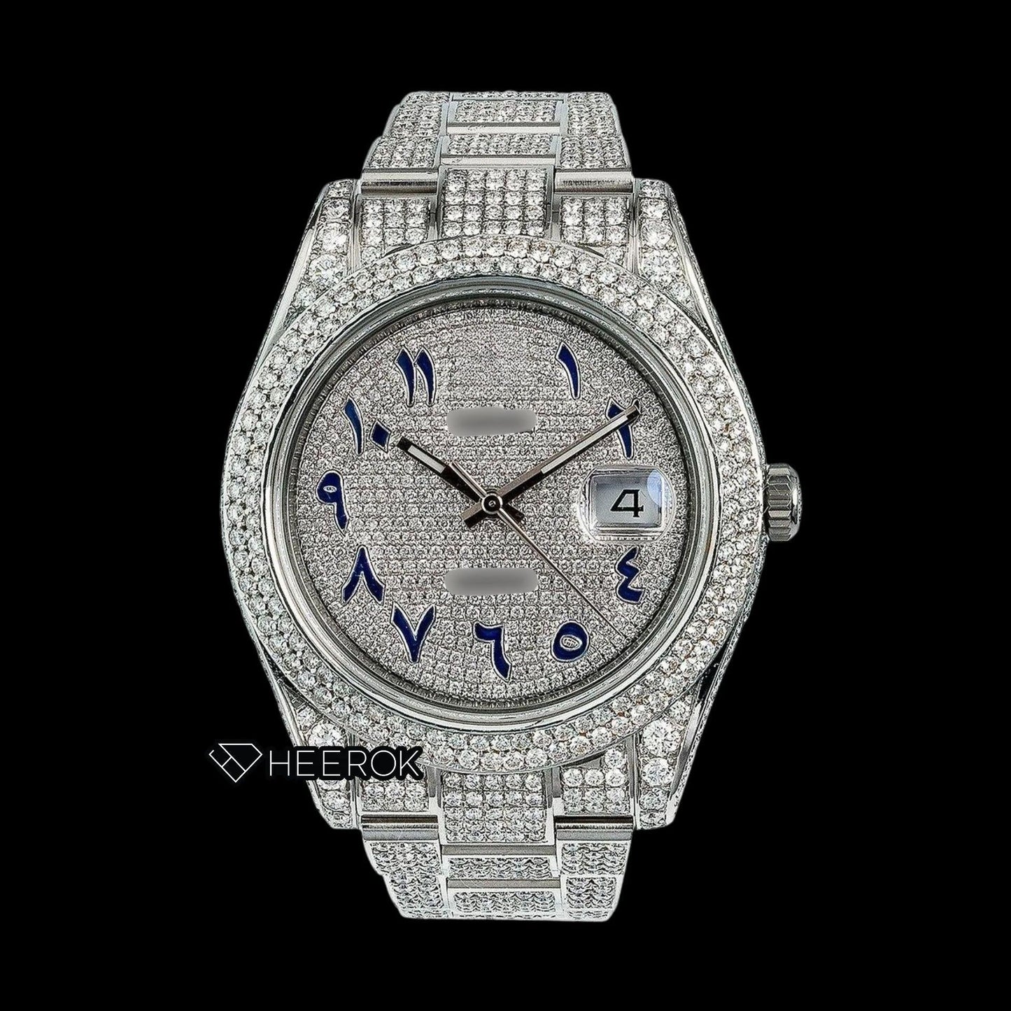 Rolex Datejust Diamond Paved Dial Blue Arabic Numerals Diamond Bezel Bust Down Moissanite Diamond Oyster Bracelet Watch