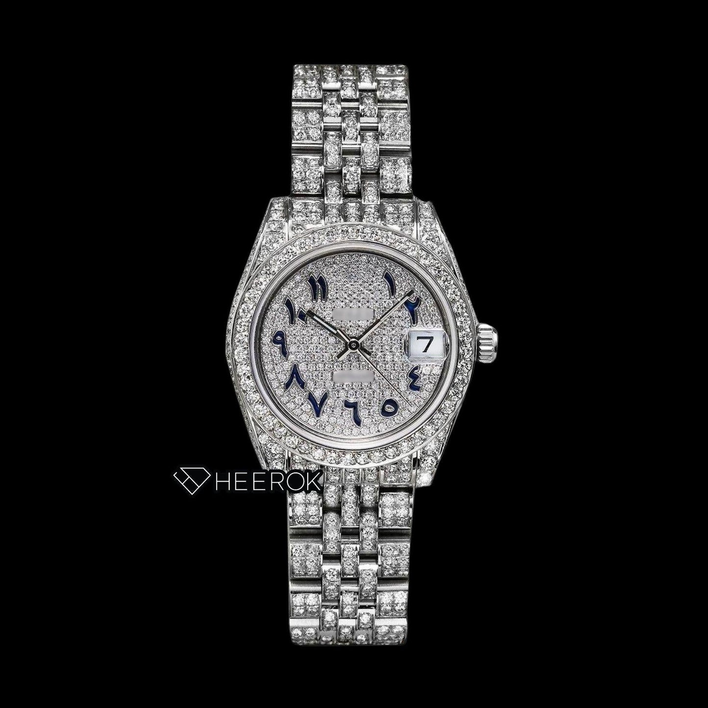Rolex Datejust Diamond Paved Dial Blue Arabic Numerals Diamond Bezel Fully Iced Moissanite Diamond Jubilee Bracelet For Women