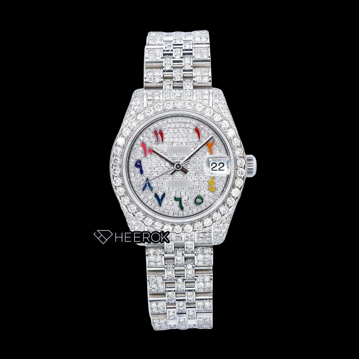 Rolex Datejust Diamond Paved Dial Multicolor Arabic Numerals Diamond Bezel Moissanite Diamond Jubilee Bracelet For Women