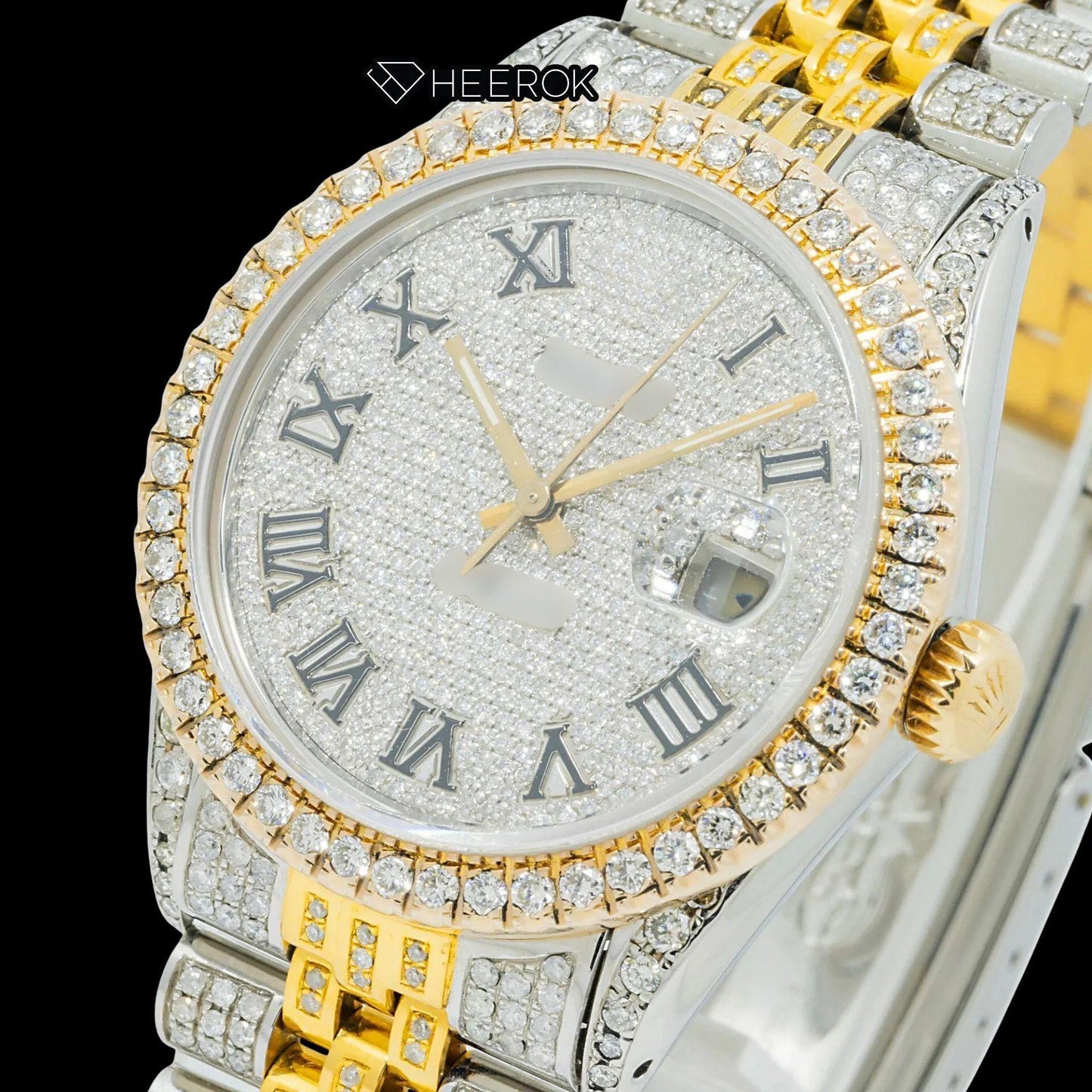 Rolex Datejust Diamond Paved Dial Roman Numerals Diamond Bezel Two Tone Yellow Gold Fully Iced Moissanite Diamond Jubilee Bracelet For Women
