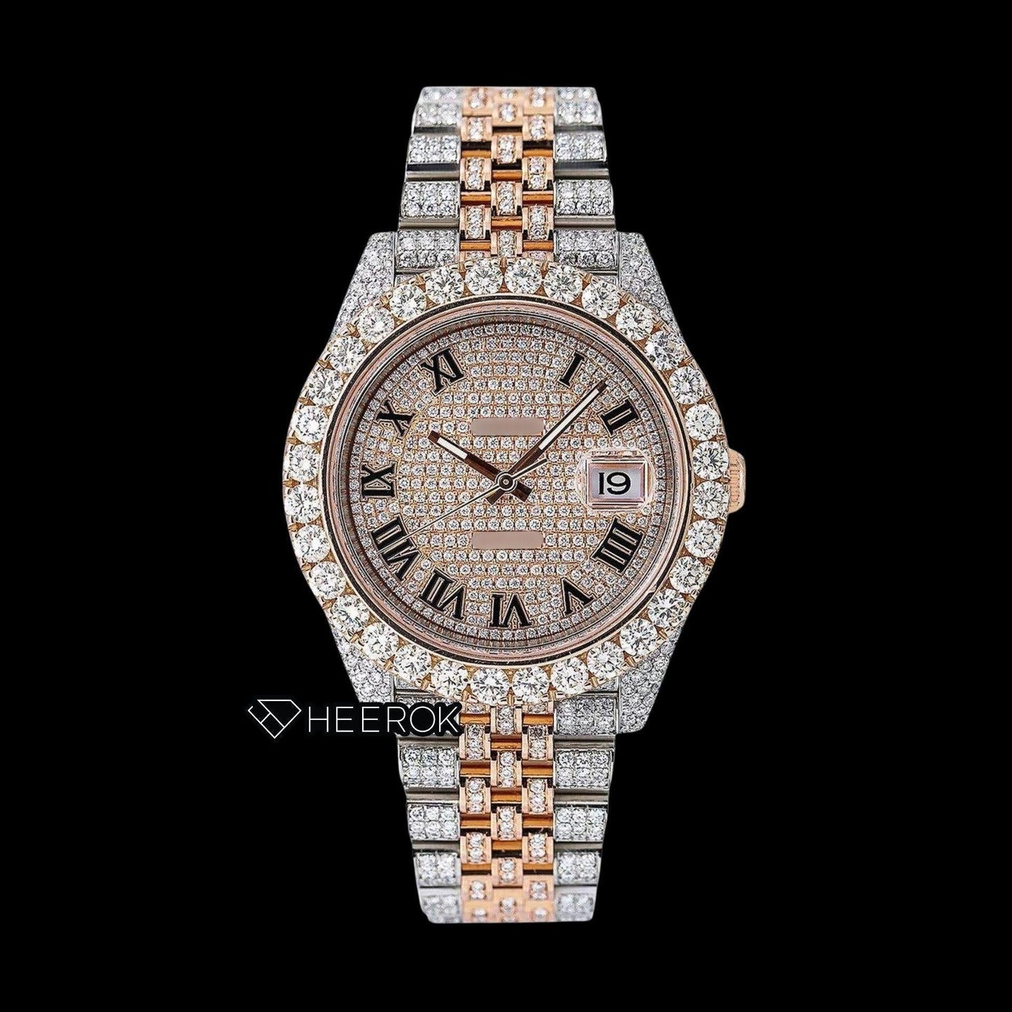 Rolex Datejust Diamond Paved Dial Roman Numerals Large Round Diamond Bezel Two Tone Rose Gold Fully Iced Moissanite Diamond Jubilee Bracelet