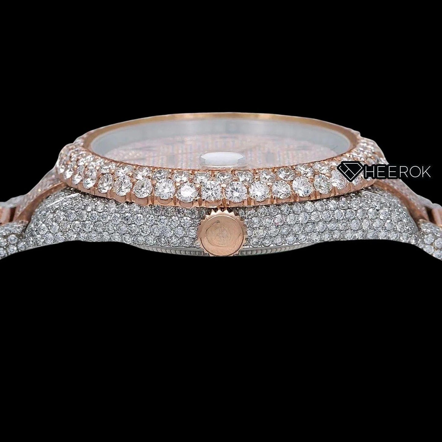 Rolex Datejust Diamond Paved Rose Gold Dial Arabic Numerals Diamond Bezel Two Tone Rose Gold Fully Iced Moissanite Diamond Oyster Bracelet