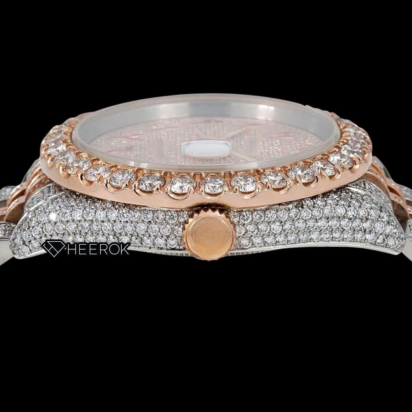 Rolex Datejust Diamond Paved Rose Gold Dial Red Arabic Numerals Diamond Bezel Two Tone Rose Gold Fully Iced Moissanite Diamond Jubilee Bracelet For Women