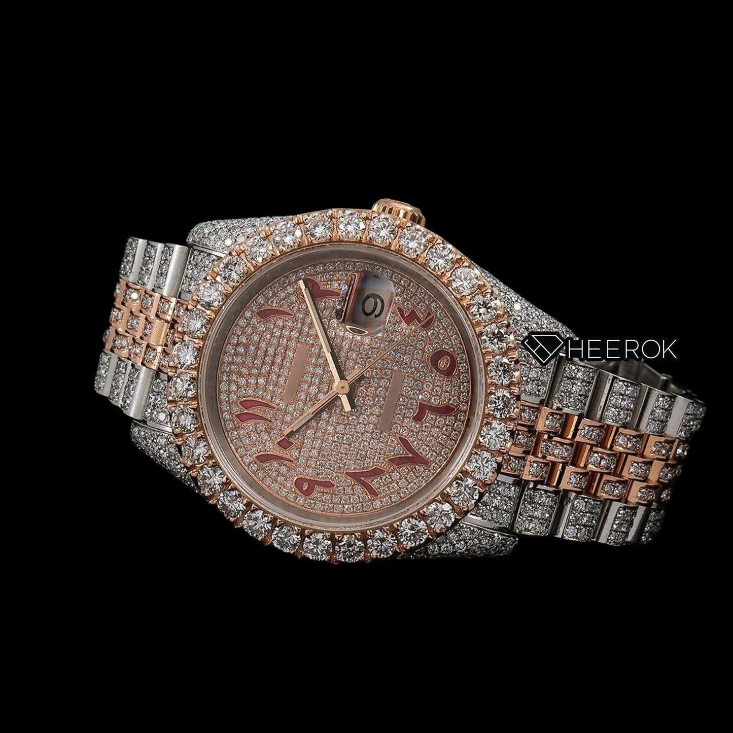Rolex Datejust Diamond Paved Rose Gold Dial Red Arabic Numerals Diamond Bezel Two Tone Rose Gold Fully Iced Moissanite Diamond Jubilee Bracelet For Women