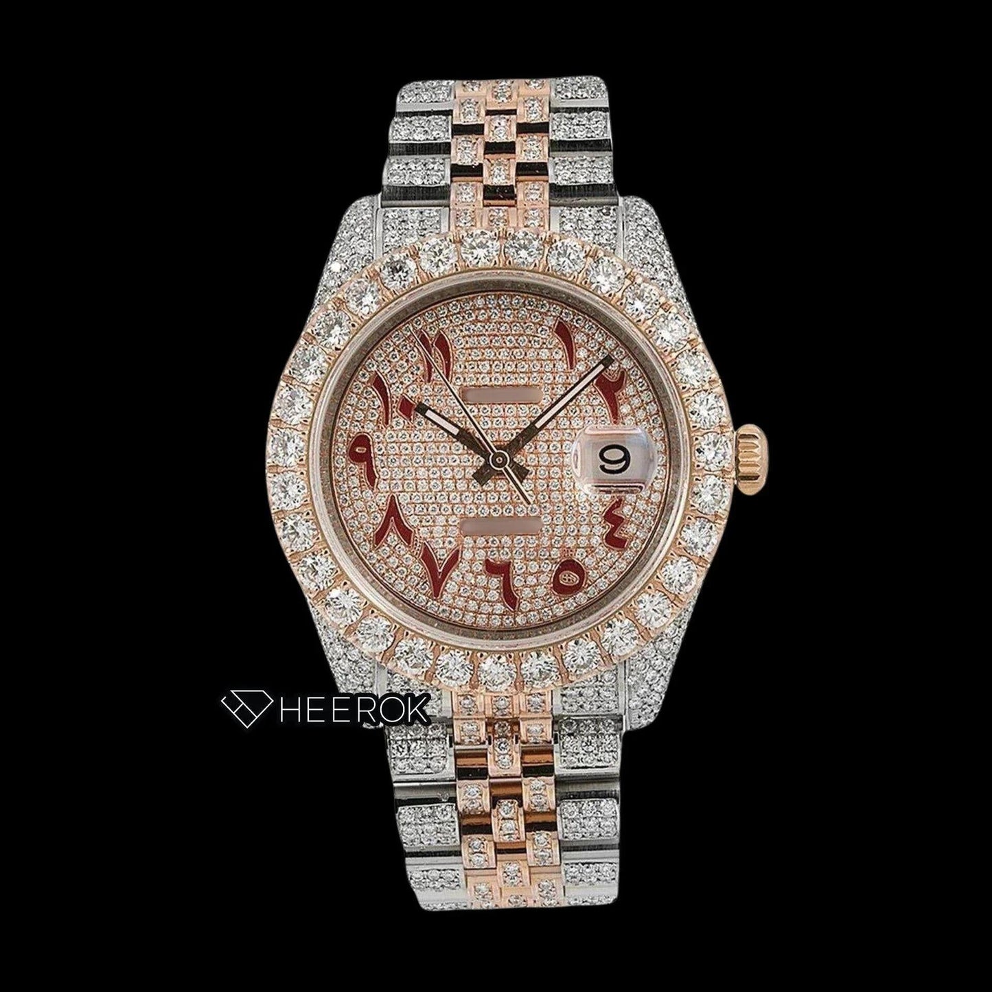 Rolex Datejust Diamond Paved Rose Gold Dial Red Arabic Numerals Diamond Bezel Two Tone Rose Gold Fully Iced Moissanite Diamond Jubilee Bracelet For Women