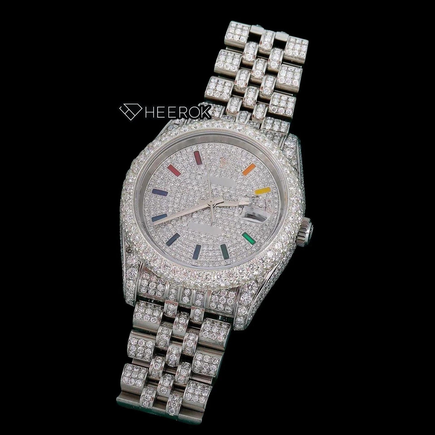 Rolex Datejust Diamond Paved White Dial Multicolor Stick Markers Diamond Bezel Fully Iced Moissanite Diamond Jubilee Bracelet For Women