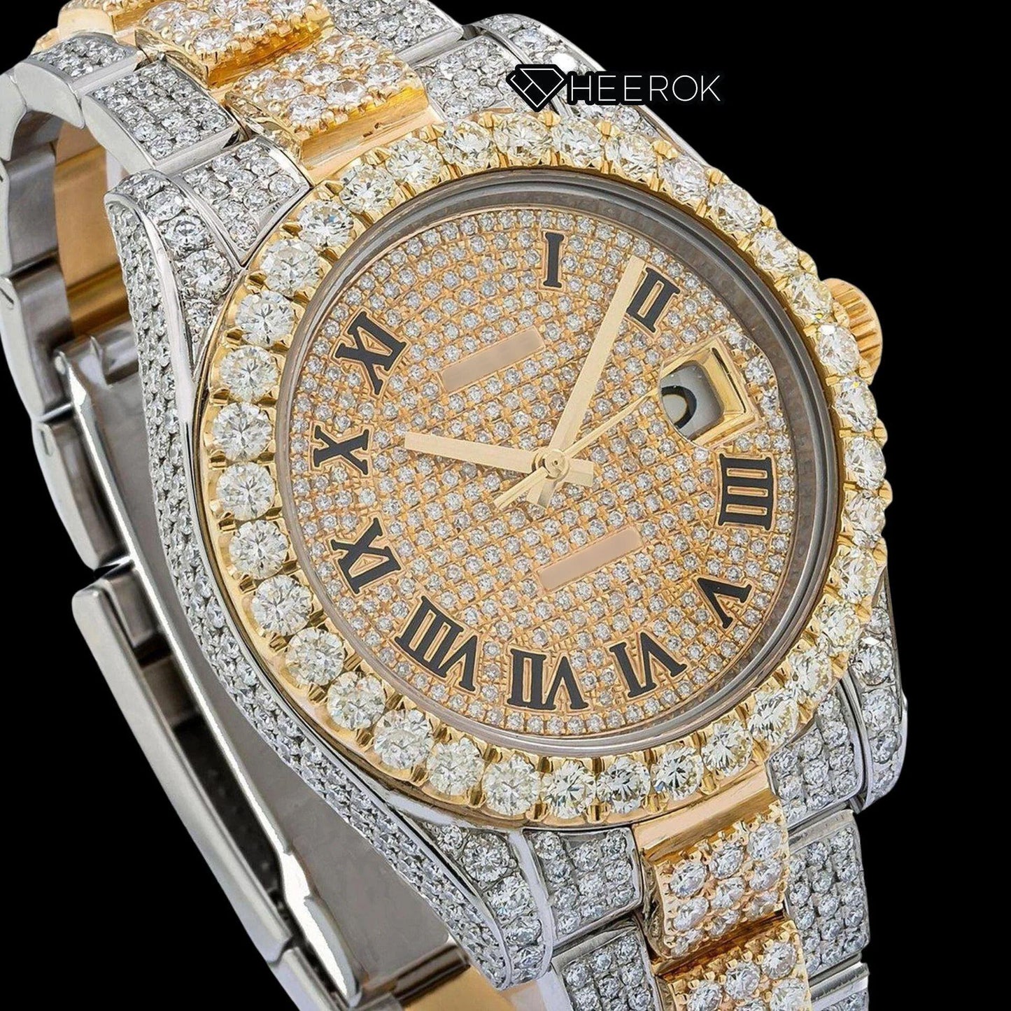 Rolex Datejust Diamond Paved Yellow Dial Roman Numerals Diamond Bezel Two Tone Yellow Gold Bust Down Moissanite Diamond Oyster Bracelet Watch
