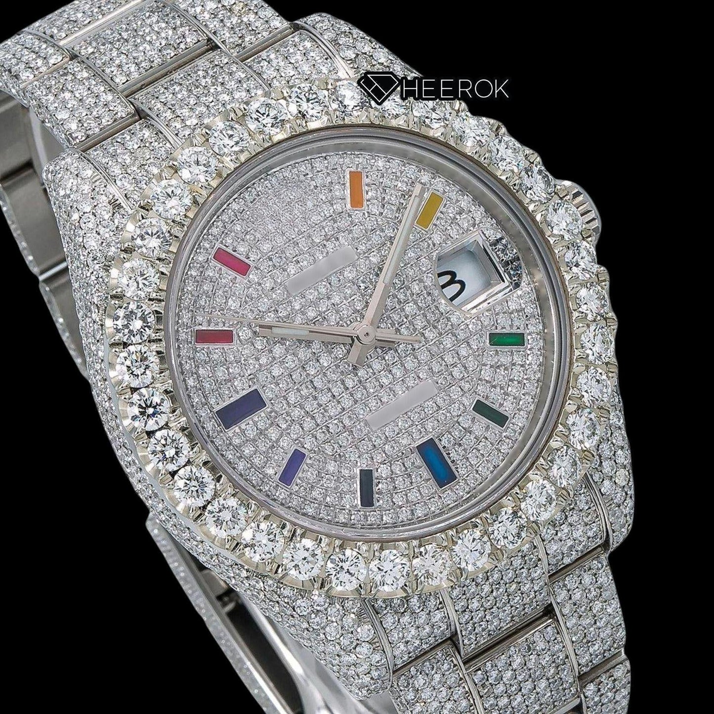 Rolex Datejust Full Diamond Paved Dial Multicolor Stick Markers Diamond Bezel Fully Iced Moissanite Diamond Oyster Bracelet