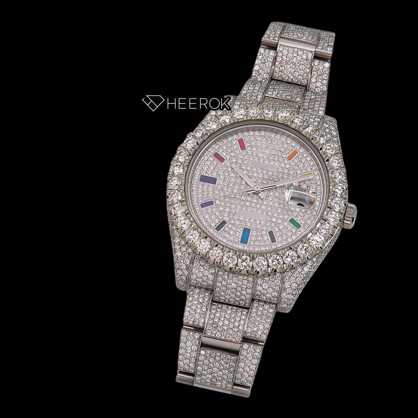 Rolex Datejust Full Diamond Paved Dial Multicolor Stick Markers Diamond Bezel Fully Iced Moissanite Diamond Oyster Bracelet
