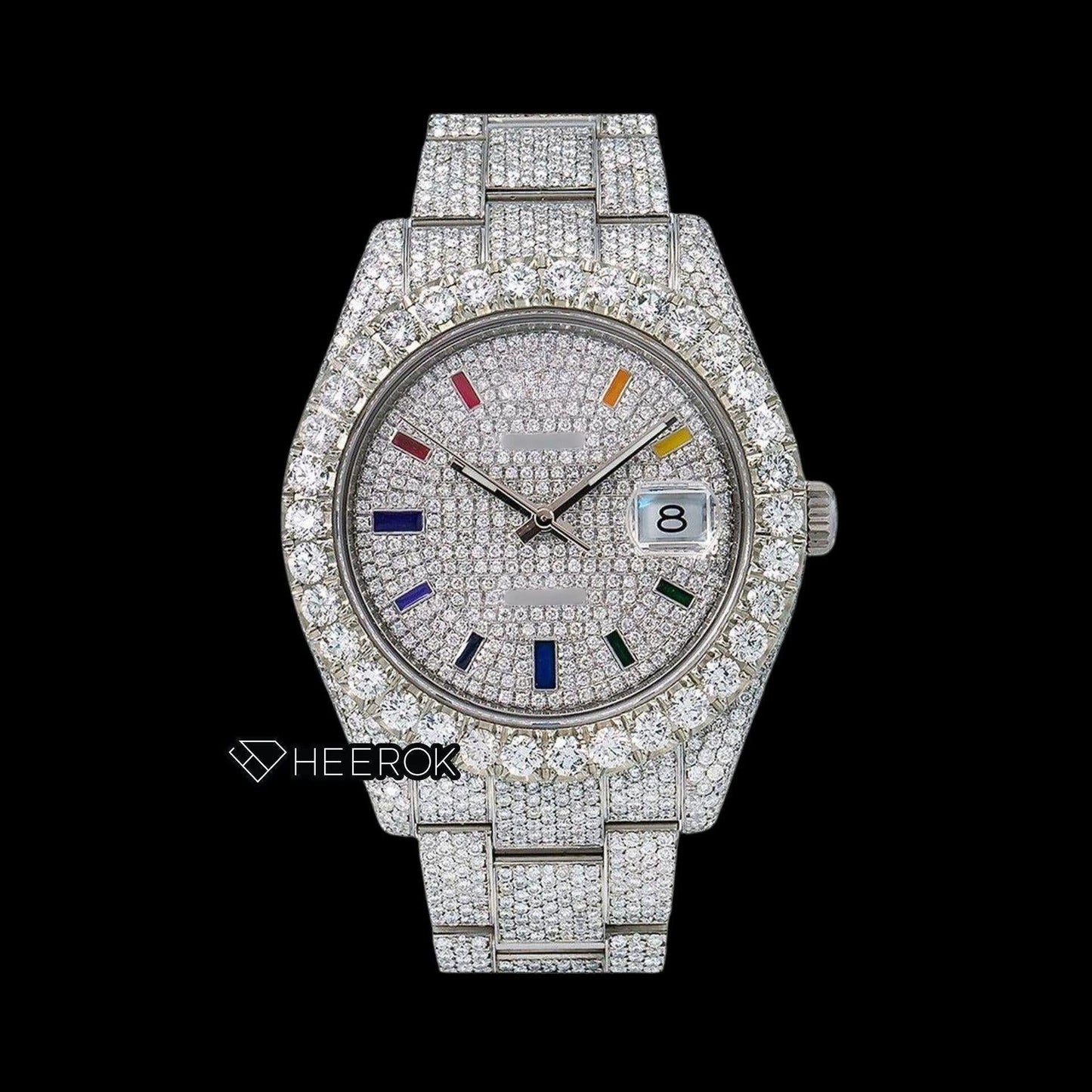 Rolex Datejust Full Diamond Paved Dial Multicolor Stick Markers Diamond Bezel Fully Iced Moissanite Diamond Oyster Bracelet