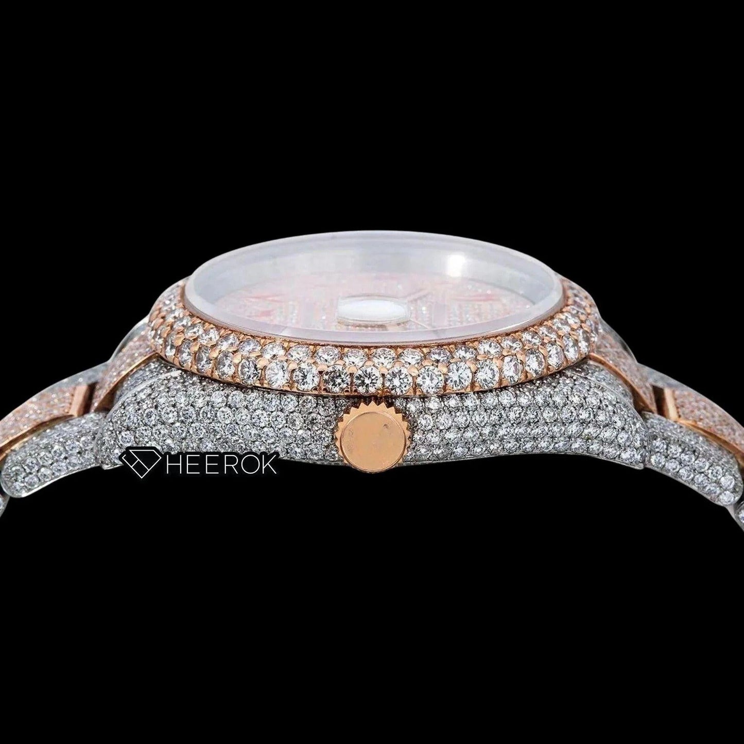 Rolex Datejust Full Diamond Paved Dial Red Arabic Numerals Diamond Bezel Two Tone Rose Gold Fully Iced Moissanite Diamond Oyster Bracelet For Women