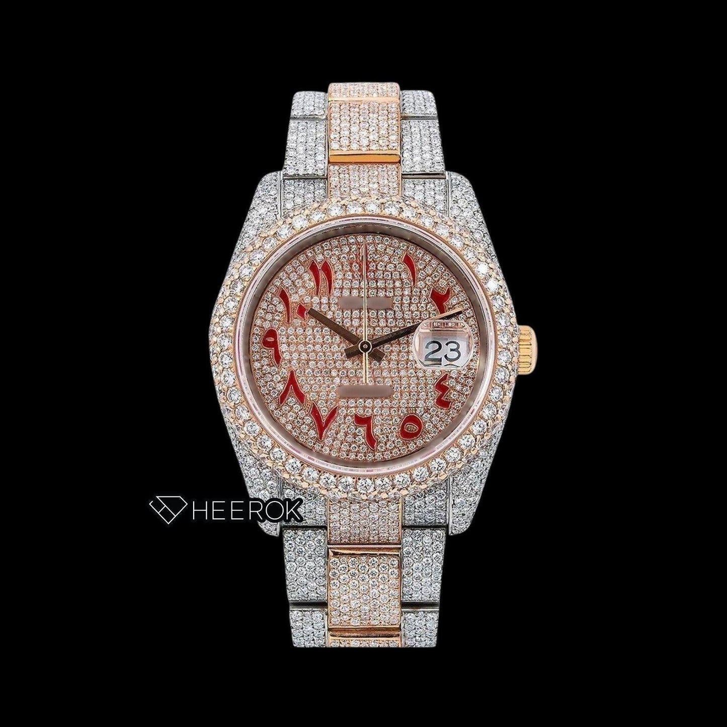 Rolex Datejust Full Diamond Paved Dial Red Arabic Numerals Diamond Bezel Two Tone Rose Gold Fully Iced Moissanite Diamond Oyster Bracelet For Women