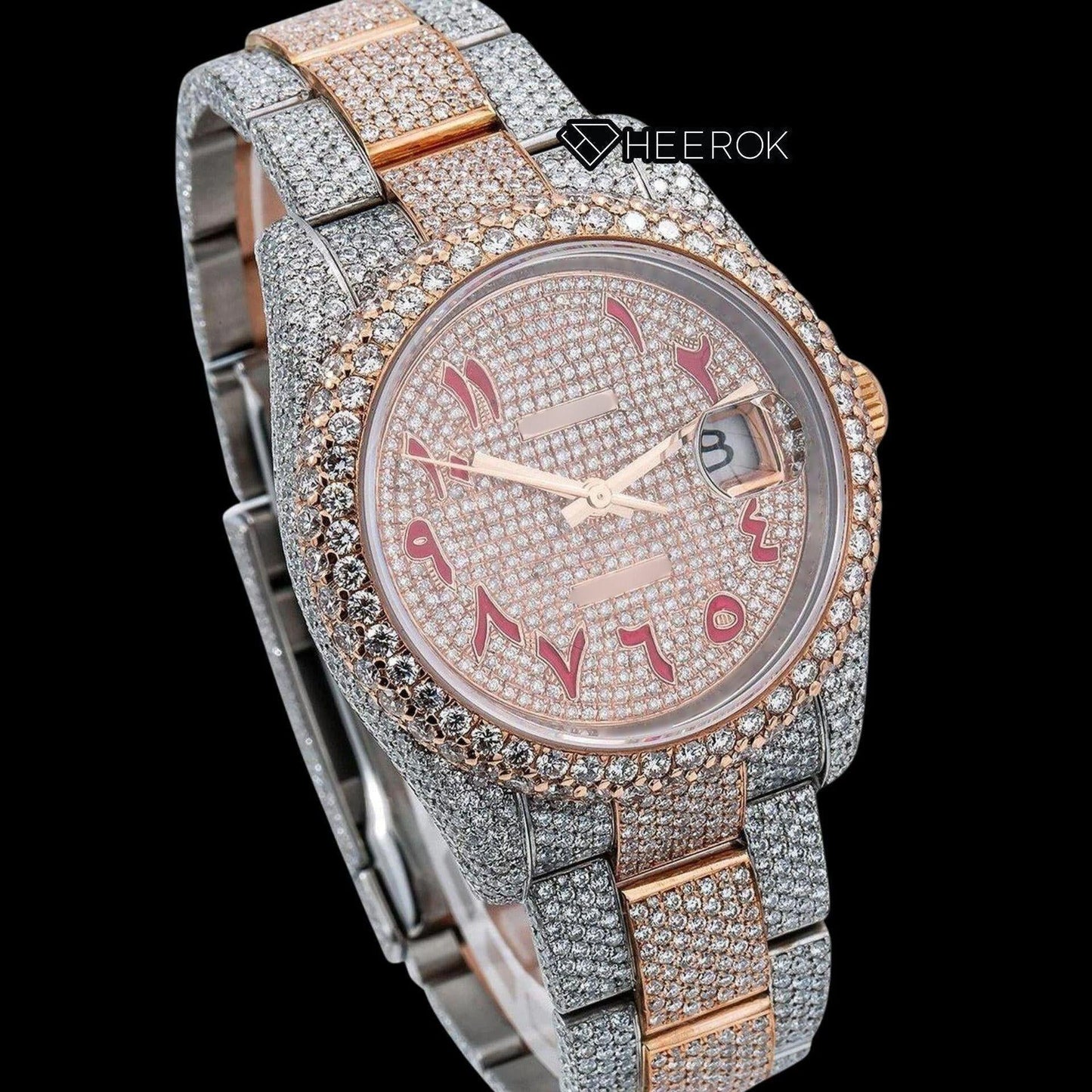 Rolex Datejust Full Diamond Paved Dial Red Arabic Numerals Diamond Bezel Two Tone Rose Gold Fully Iced Moissanite Diamond Oyster Bracelet For Women
