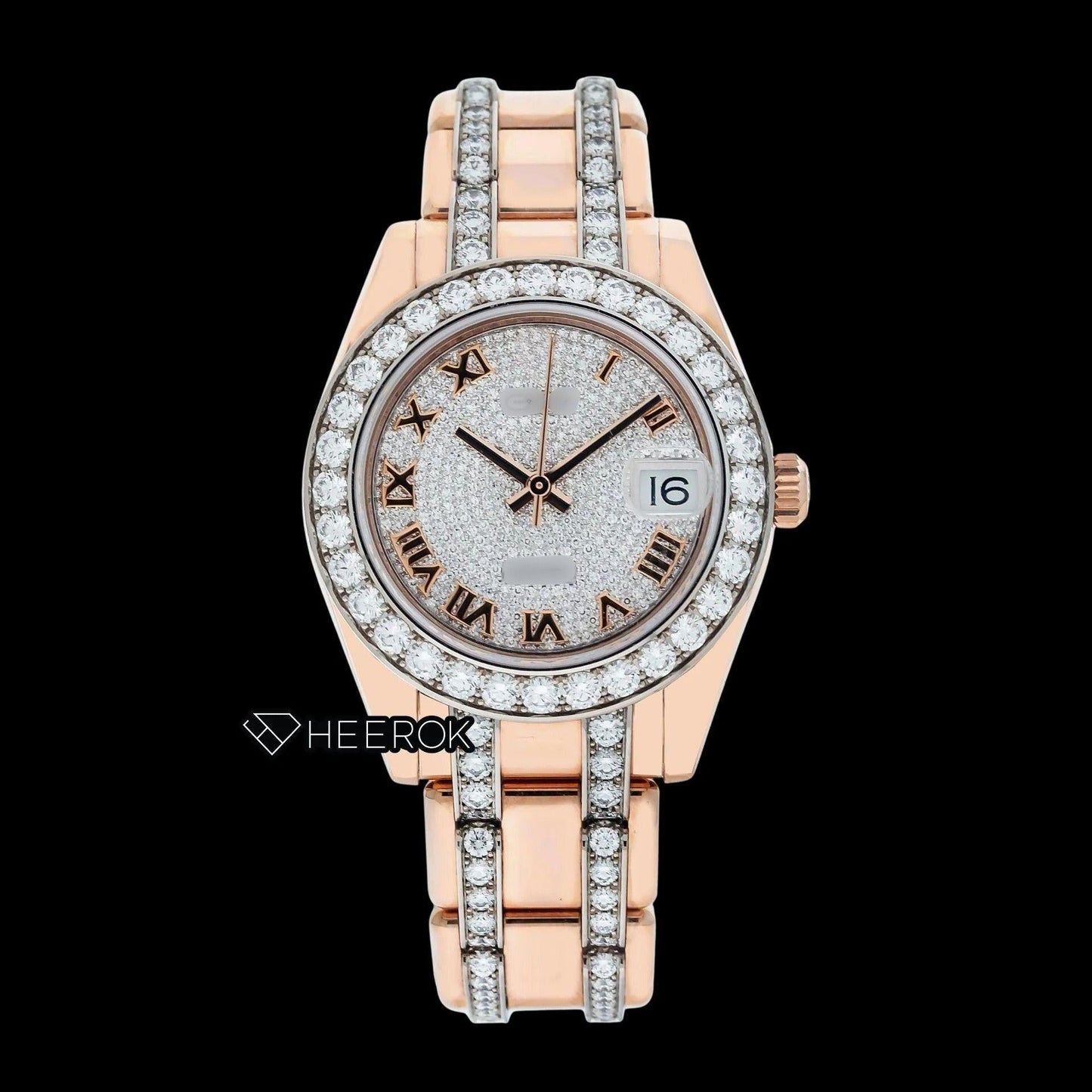 Rolex Datejust Full Pave Diamond Dial Roman Numerals Diamond Bezel Rose Gold Semi Iced Moissanite Diamond President Bracelet For Women