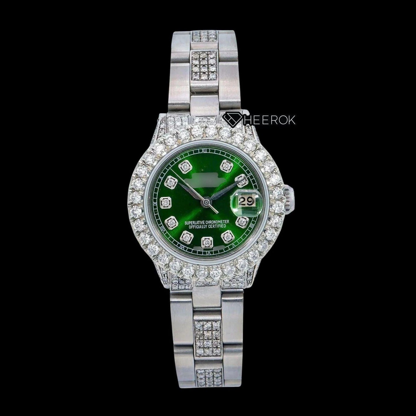 Rolex Datejust Green Dial Diamond Markers Diamond Bezel Semi Iced Moissanite Diamond Oyster Bracelet For Women
