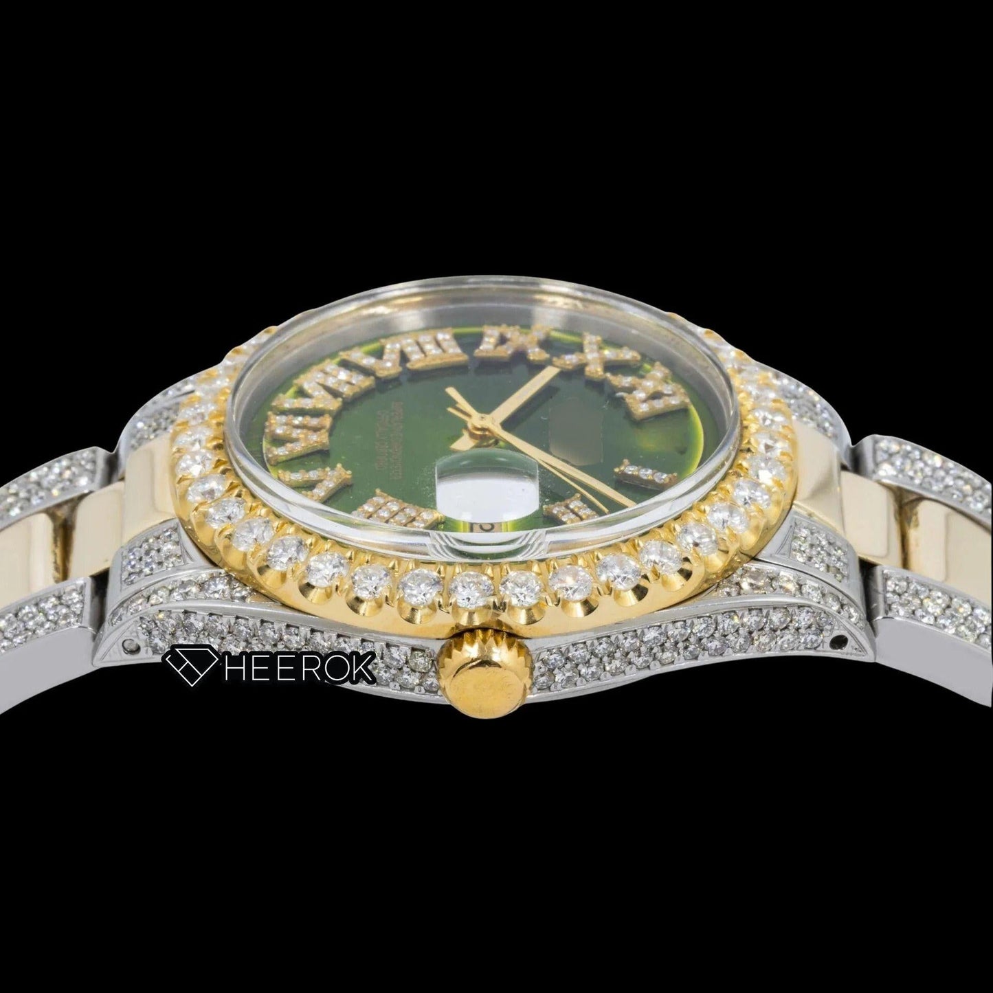 Rolex Datejust Green Dial Roman Diamond Numerals Diamond Bezel Two Tone Yellow Gold Semi Iced Moissanite Diamond Oyster Bracelet For Women