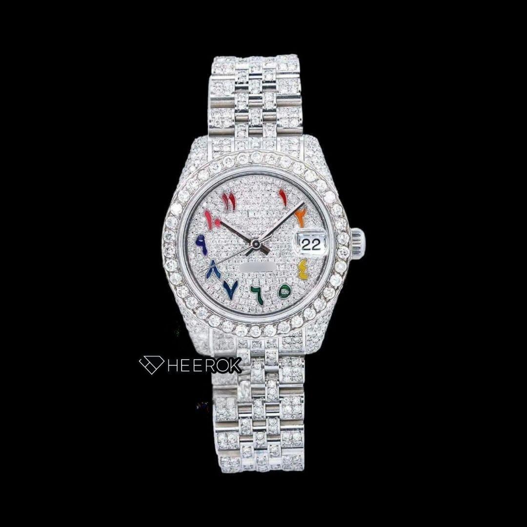 Rolex Datejust Multicolor Arabic Dial Diamond Bezel Fully Iced Moissanite Diamond Jubilee Bracelet For Women
