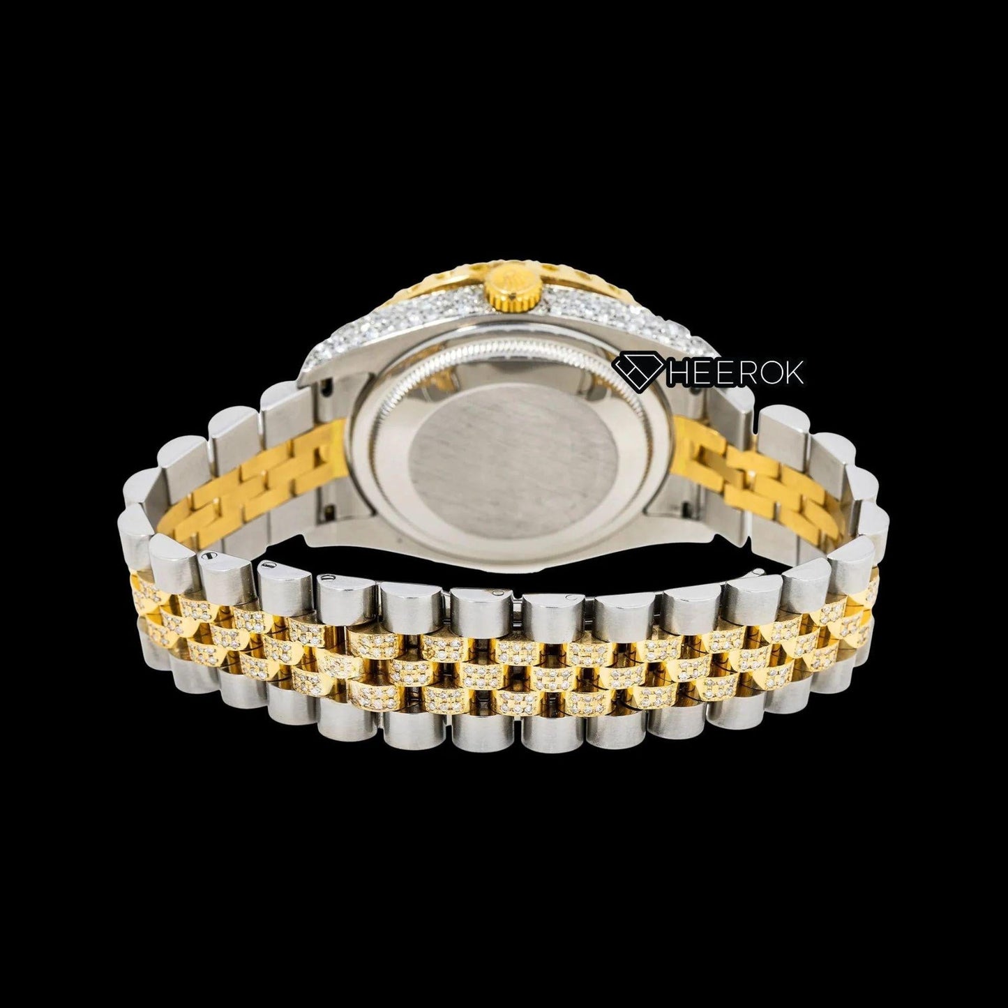 Rolex Datejust Pink Floral Dial Diamond Markers Large Round Diamond Bezel Two Tone Yellow Gold Semi Iced Moissanite Diamond Jubilee Bracelet For Women