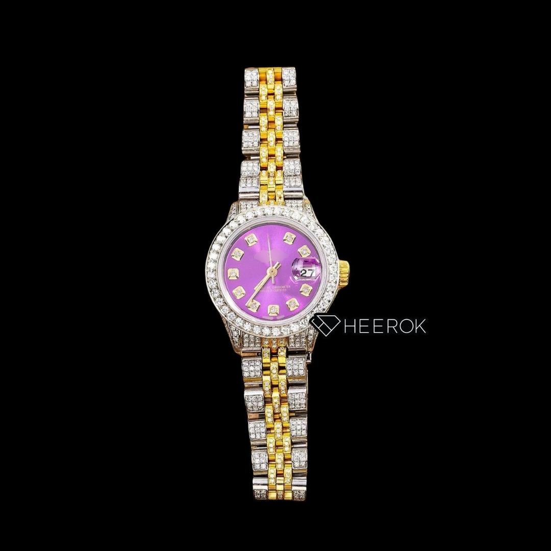 Rolex Datejust Purple Dial Diamond Markers Diamond Bezel Two Tone Yellow Gold Moissanite Diamond Jubilee Bracelet For Women