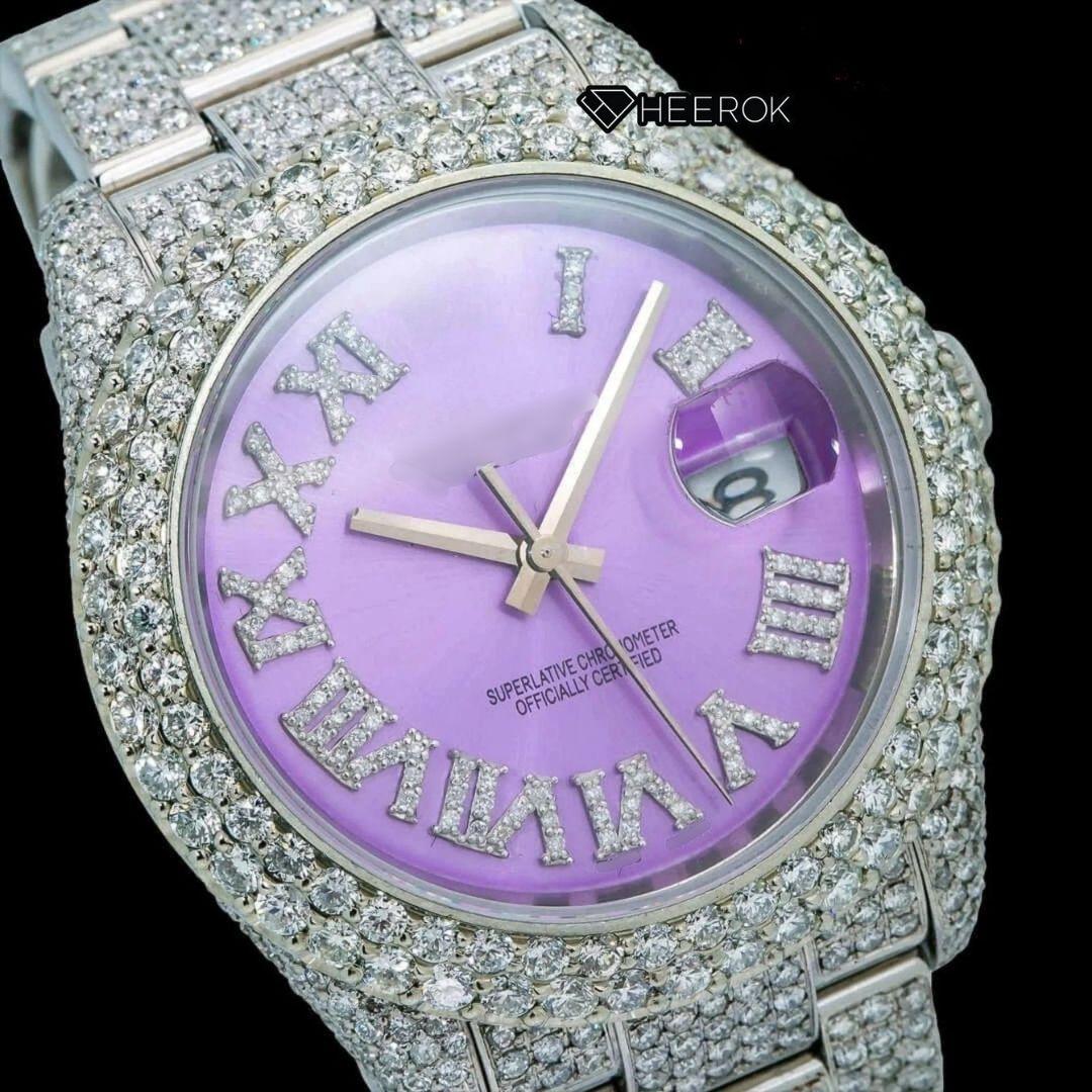 Rolex Datejust Purple Dial Roman Diamond Markers Diamond Bezel Fully Iced Moissanite Diamond Oyster Bracelet