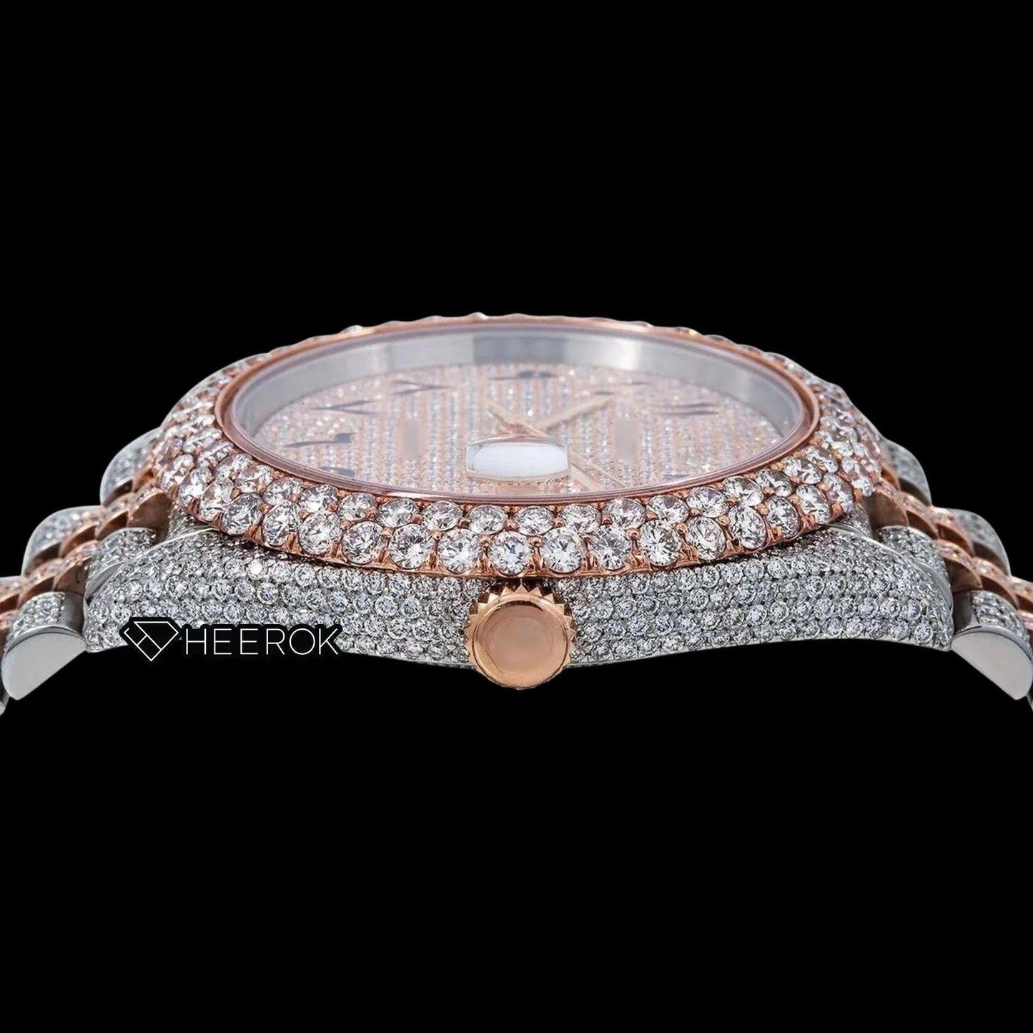 Rolex Datejust Rose Gold Diamond Paved Dial Arabic Numerals Diamond Bezel Two Tone Rose Gold Fully Iced Moissanite Diamond Jubilee Bracelet