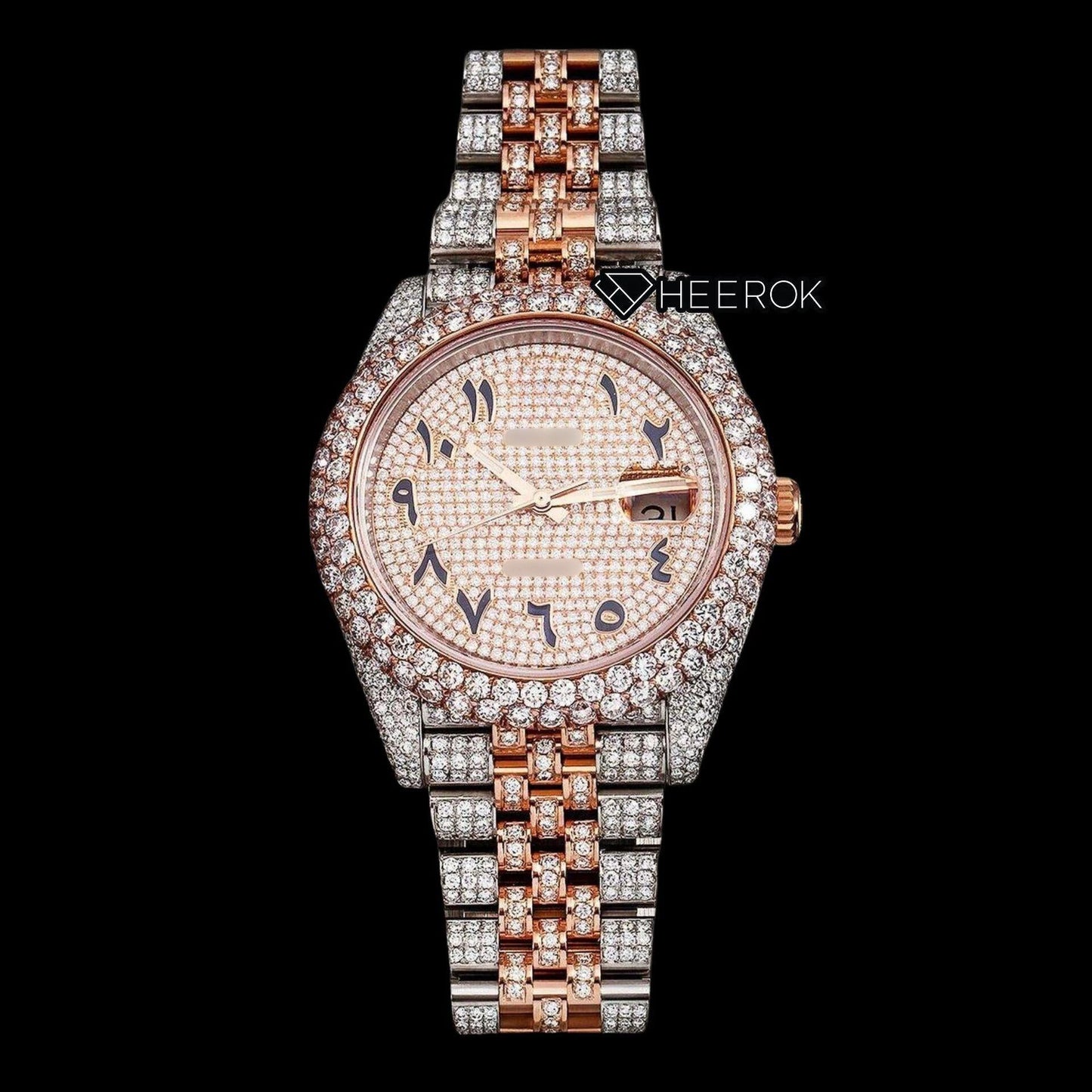 Rolex Datejust Rose Gold Diamond Paved Dial Arabic Numerals Diamond Bezel Two Tone Rose Gold Fully Iced Moissanite Diamond Jubilee Bracelet