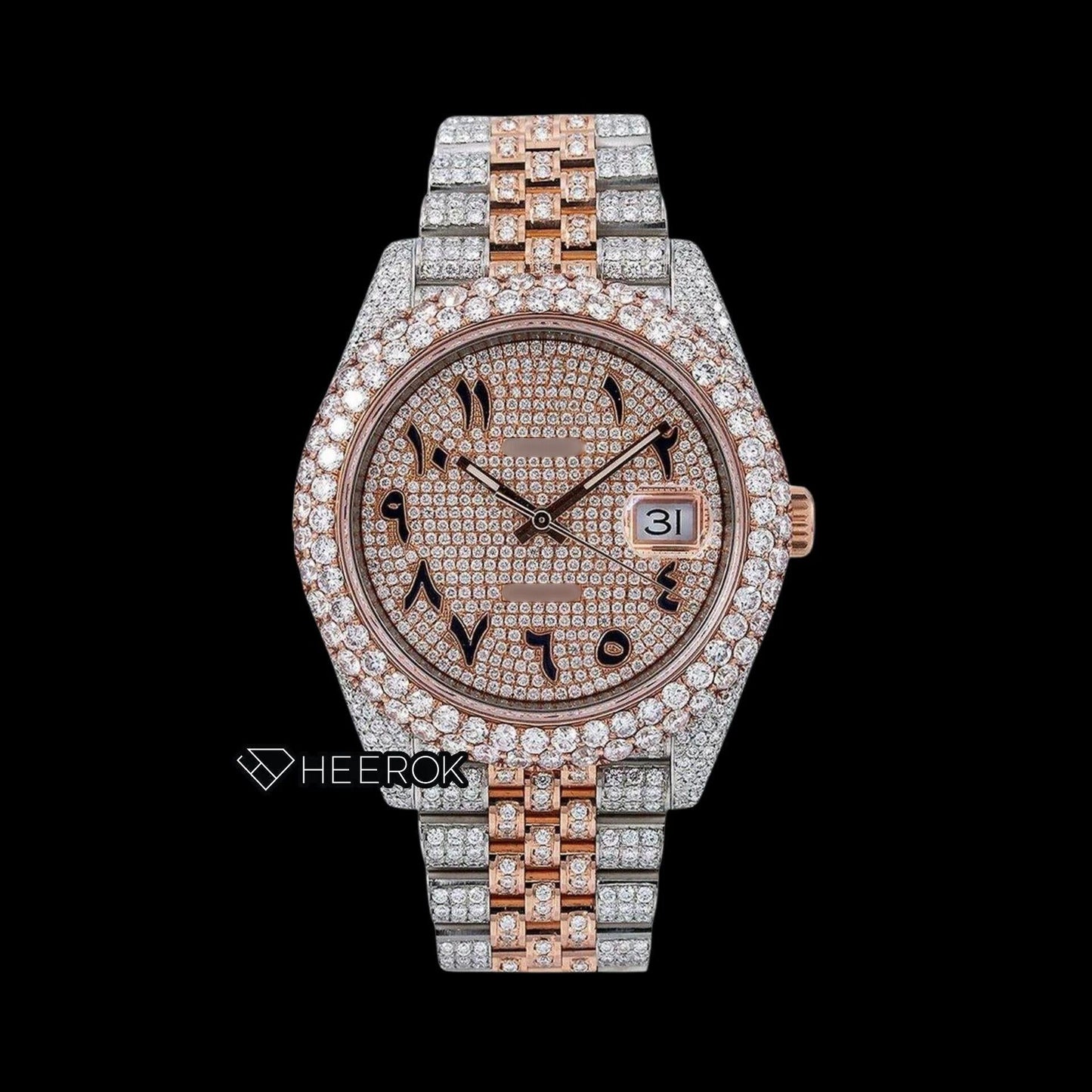 Rolex Datejust Rose Gold Diamond Paved Dial Arabic Numerals Diamond Bezel Two Tone Rose Gold Fully Iced Moissanite Diamond Jubilee Bracelet