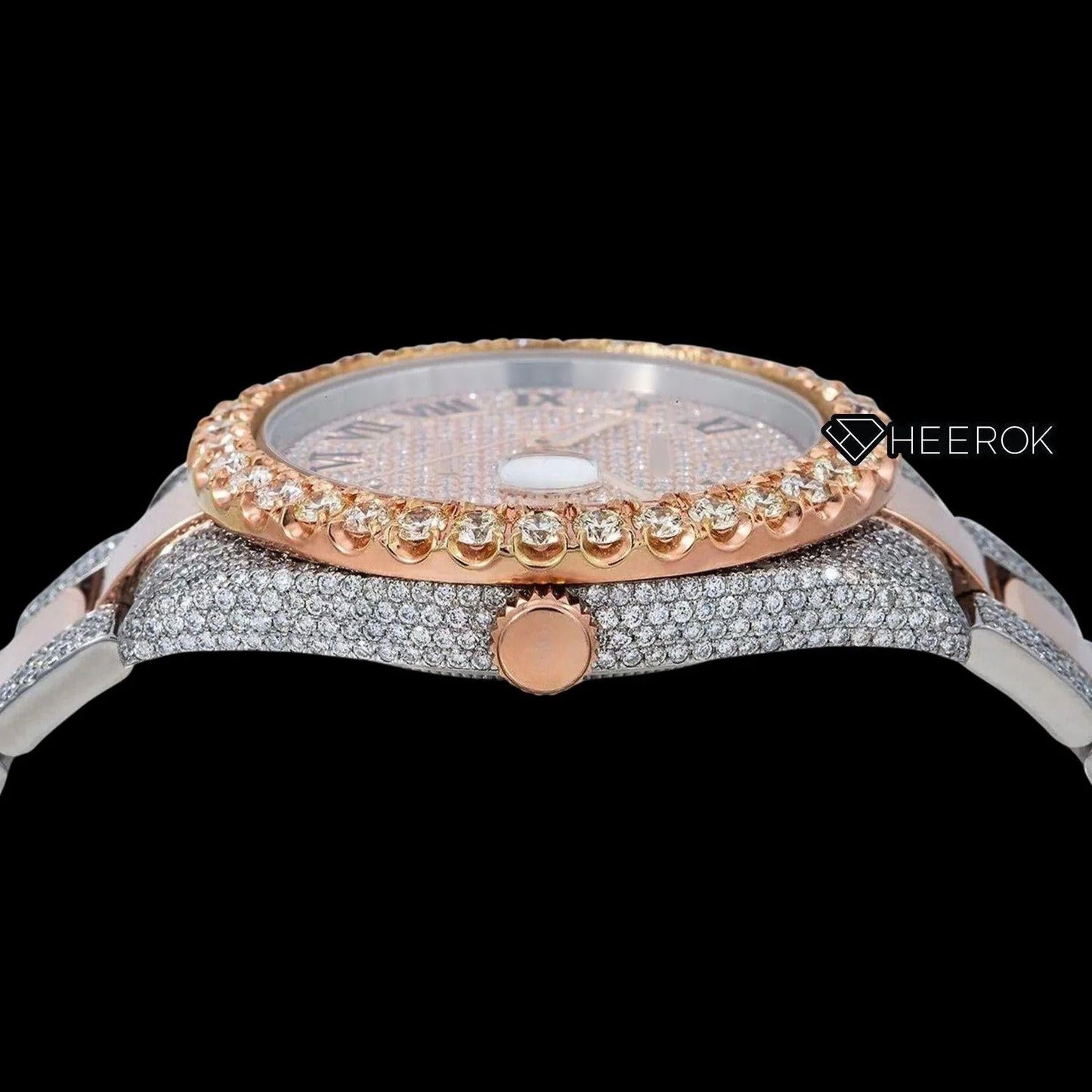 Rolex Datejust Rose Gold Full Paved Dial Roman Numerals Diamond Bezel Two Tone Rose Gold Semi Iced Moissanite Diamond Oyster Bracelet