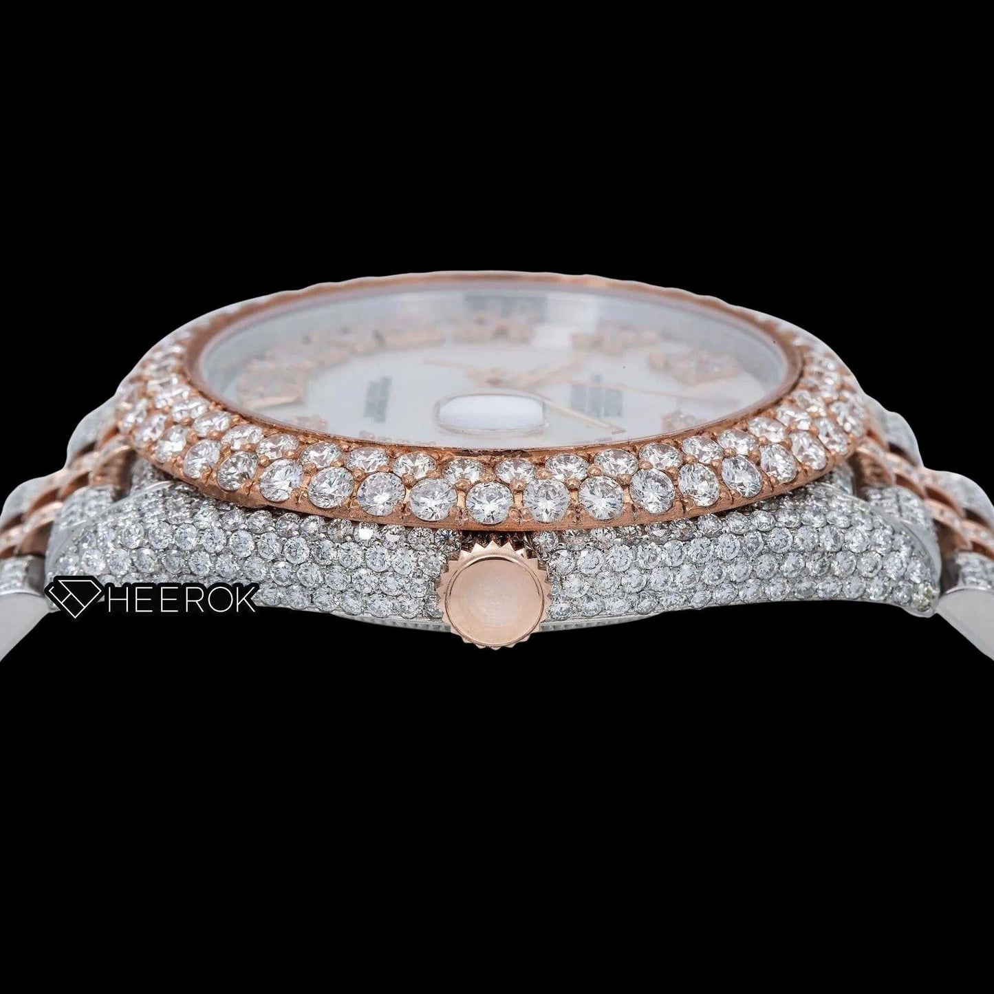 Rolex Datejust White Mother of Pearl Dial Roman Numerals Diamond Bezel Two Tone Rose Gold Moissanite Diamond Jubilee Bracelet