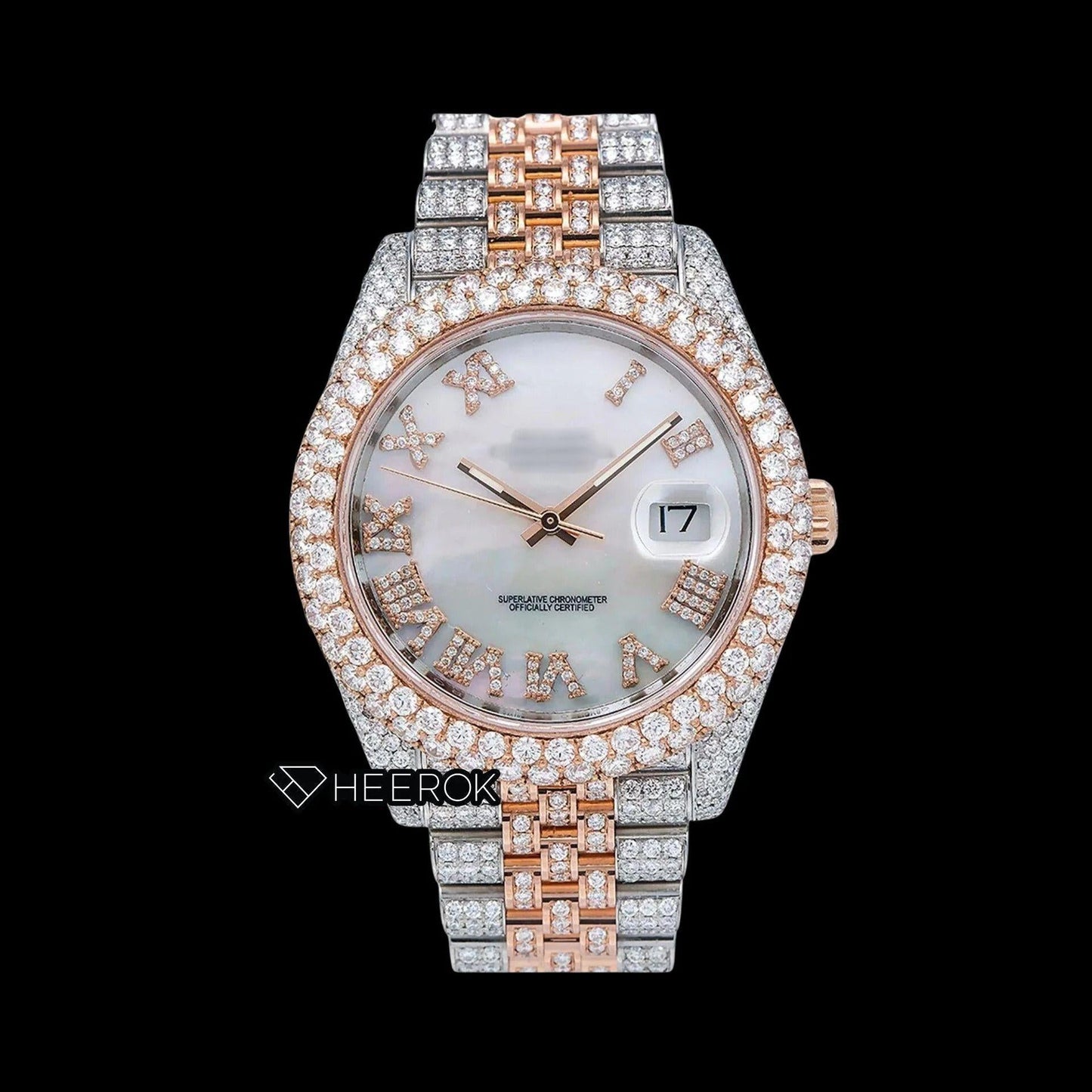 Rolex Datejust White Mother of Pearl Dial Roman Numerals Diamond Bezel Two Tone Rose Gold Moissanite Diamond Jubilee Bracelet