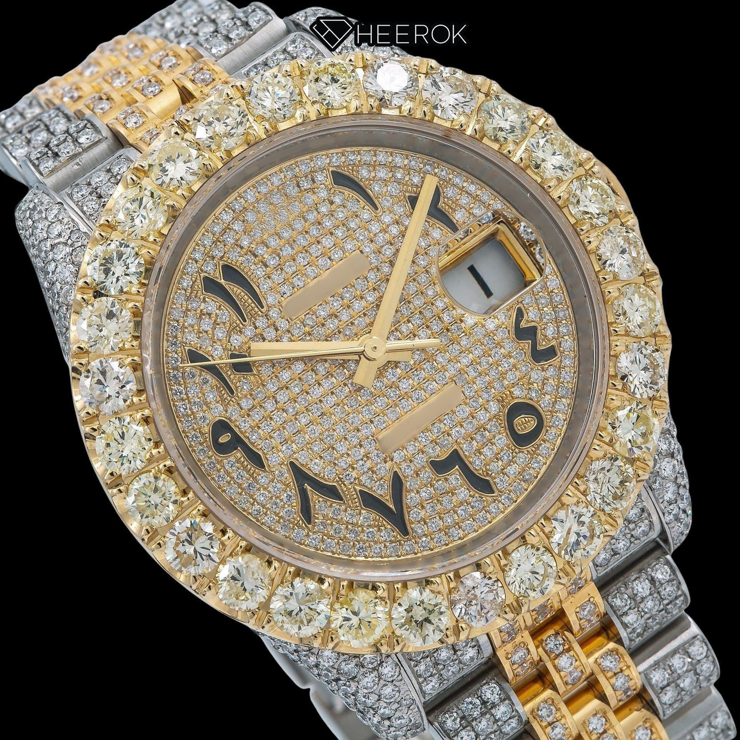 Rolex Datejust Yellow Dial Arabic Numerals Large Round Diamond Bezel Two Tone Yellow Gold Iced Out Moissanite Diamond Jubilee Bracelet For Women