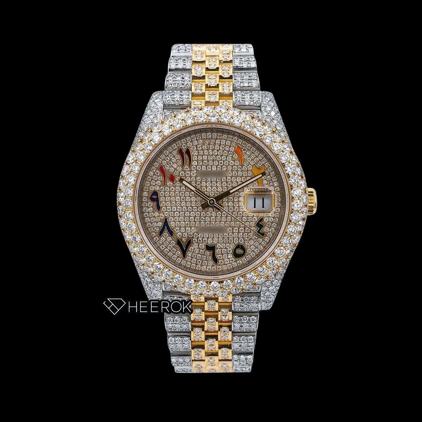 Rolex Datejust Yellow Dial Rainbow Arabic Numerals Diamond Bezel Two Tone Yellow Gold Fully Iced Out Moissanite Diamond Jubilee Bracelet