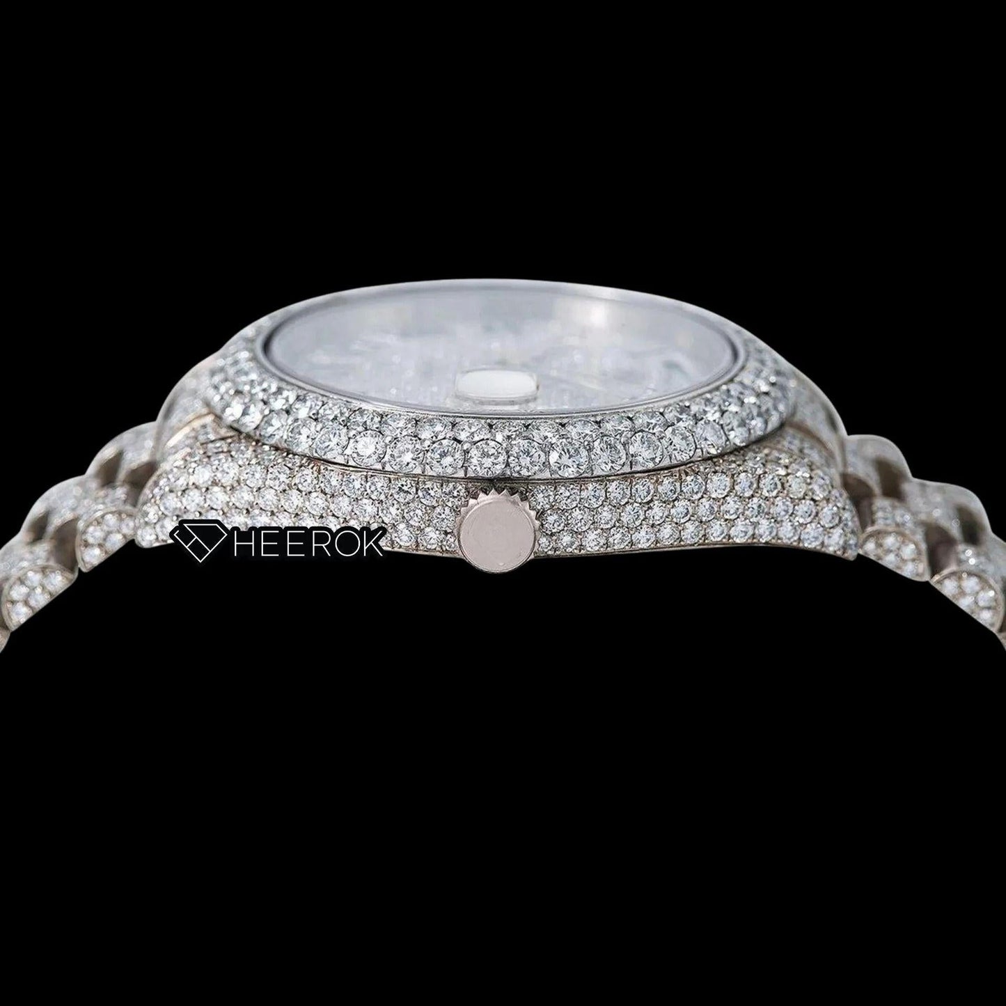 Rolex Day-Date Full Diamond Paved Dial Black Roman Numerals Diamond Bezel Fully Iced Out Moissanite Diamond President Bracelet