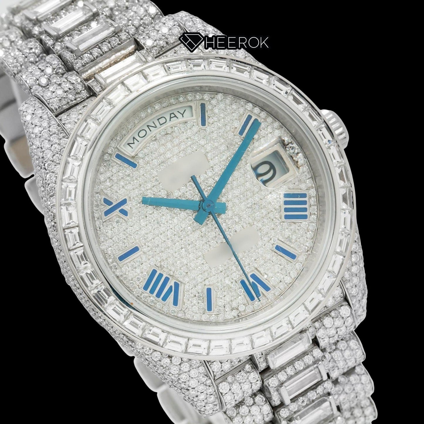Rolex Day-Date Full Paved Dial Blue Roman Numerals Baguette Diamond Bezel Fully Iced Moissanite Diamond President Bracelet Watch