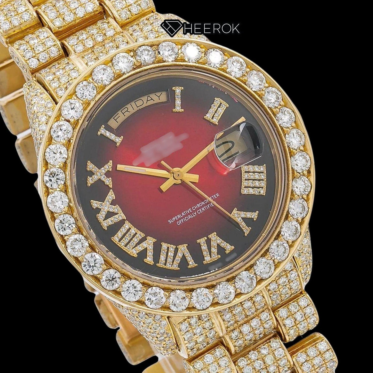 Rolex Day-Date Red Dial Roman Diamond Numerals Diamond Bezel Yellow Gold Fully Iced Moissanite Diamond President Bracelet For Women