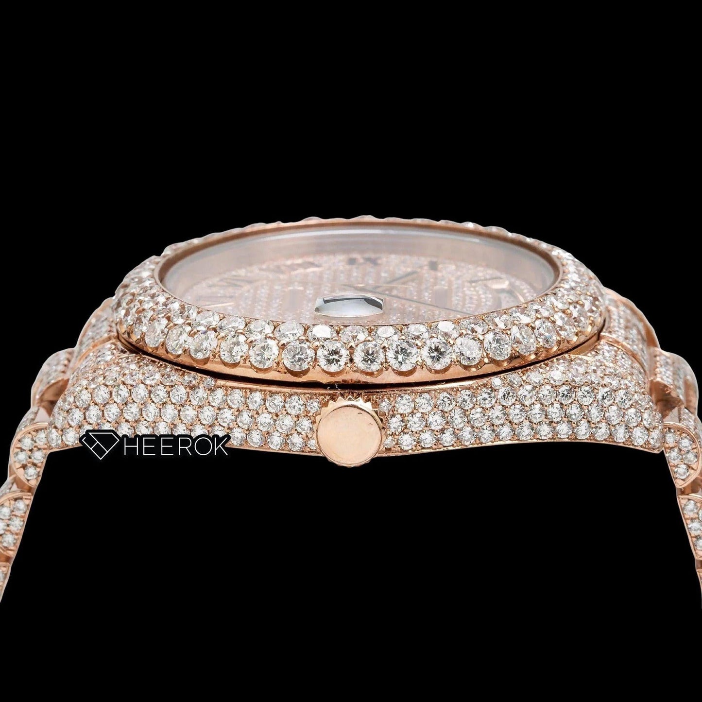 Rolex Day-Date Rose Gold Dial Roman Numerals Diamond Bezel Fully Iced Rose Gold Moissanite Diamond President Bracelet Watch