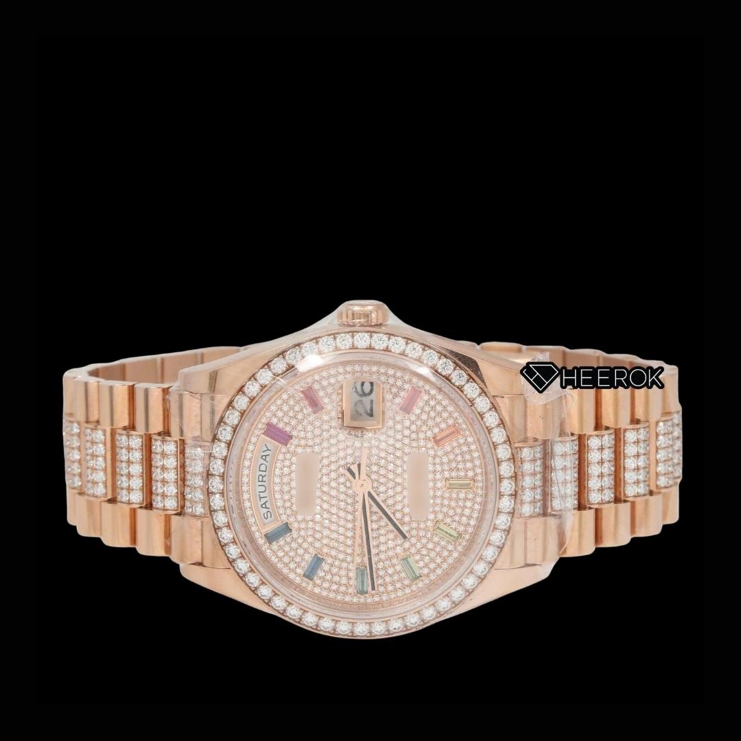 Rolex Day-Date Rose Gold Diamond Pave Dial Multicolor Baguette Markers Diamond Bezel Moissanite Diamond President Bracelet For Women
