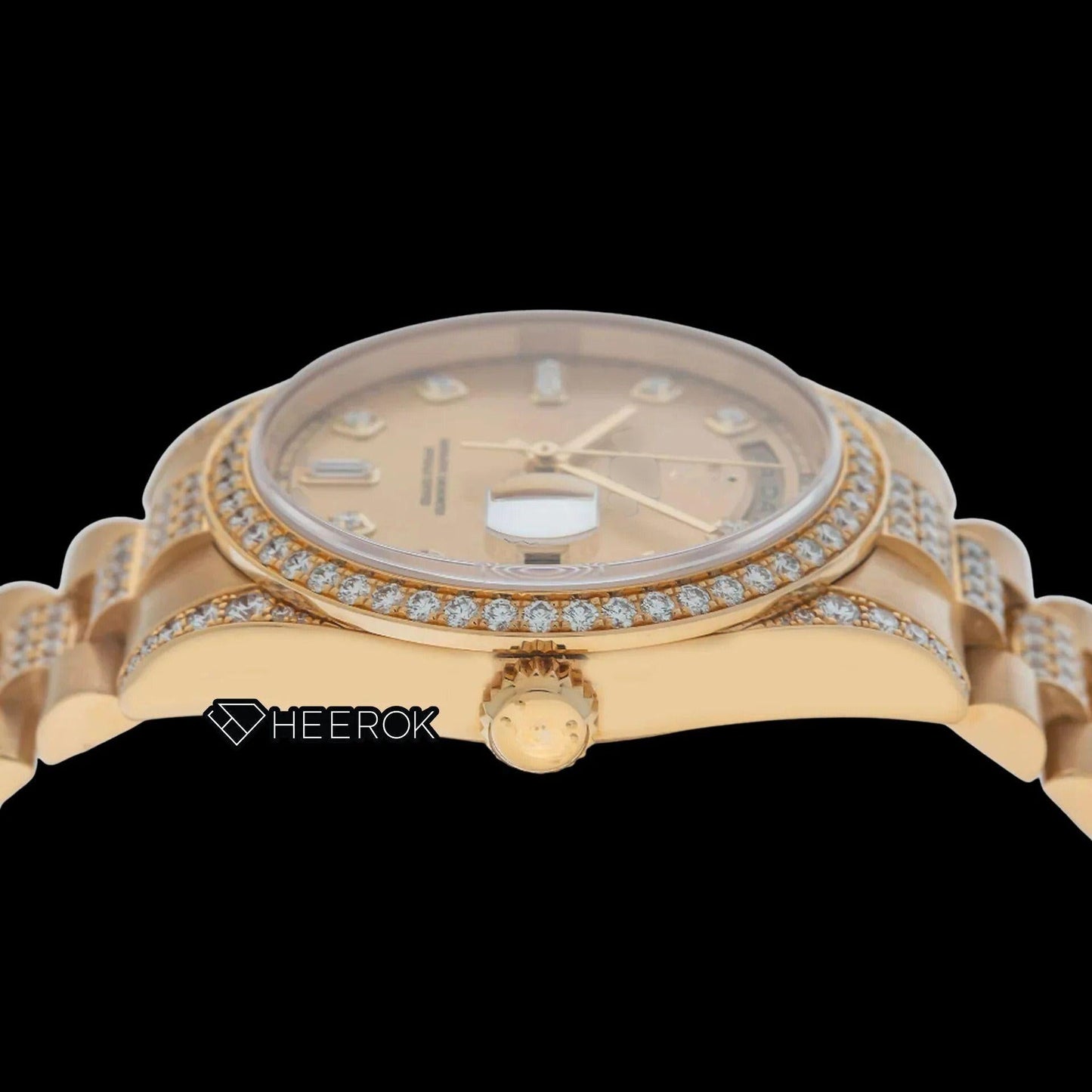 Rolex Day-Date Yellow Dial Diamond Markers Diamond Bezel Yellow Gold Semi Iced Moissanite Diamond President Bracelet Watch For Women