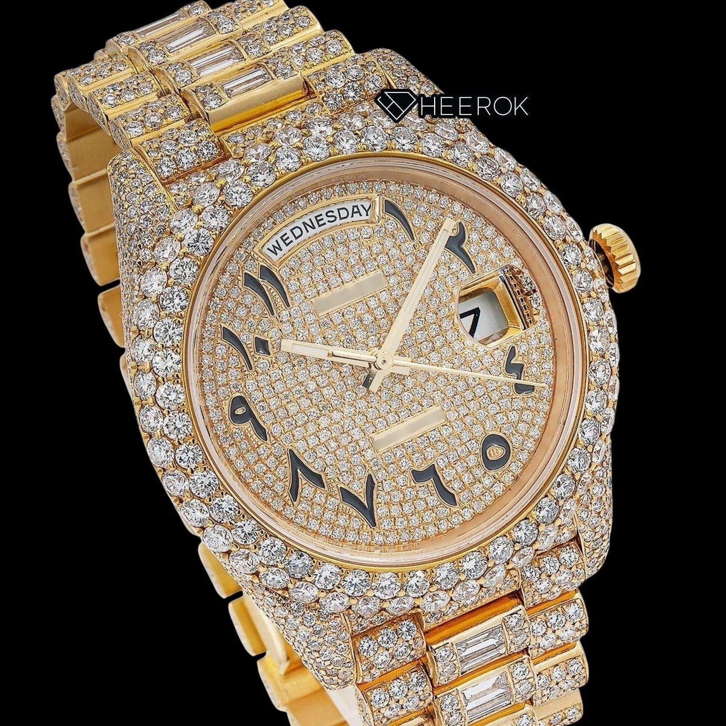 Rolex Day-Date Yellow Gold Dial Arabic Numerals Diamond Bezel Yellow Gold Fully Iced Moissanite Diamond President Bracelet