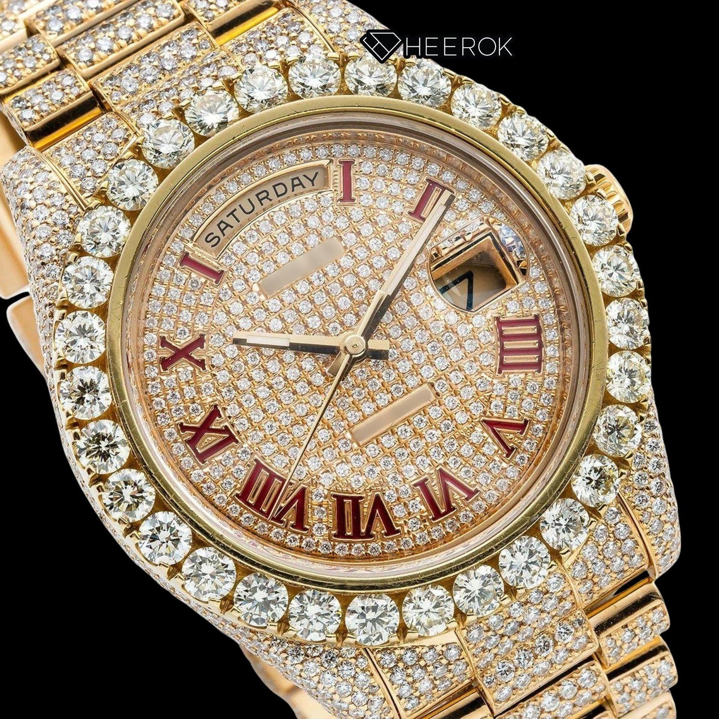 Rolex Day-Date Yellow Paved Dial Red Roman Numerals Large Round Diamond Bezel Yellow Gold Fully Iced Moissanite Diamond President Bracelet Watch