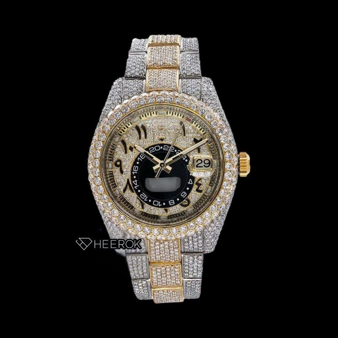 Rolex Sky-Dweller Black Arabic Dial Diamond Bezel Two Tone Yellow Gold Moissanite Diamonds Oyster Bracelet For Women