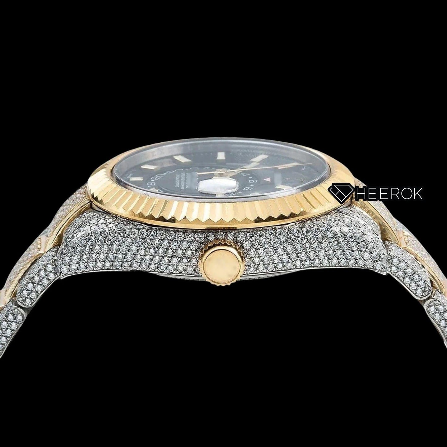 Rolex Sky-Dweller Black Dial Stick Markers Fluted Bezel Two Tone Yellow Gold Fully Iced Moissanite Diamond Oyster Bracelet Watch