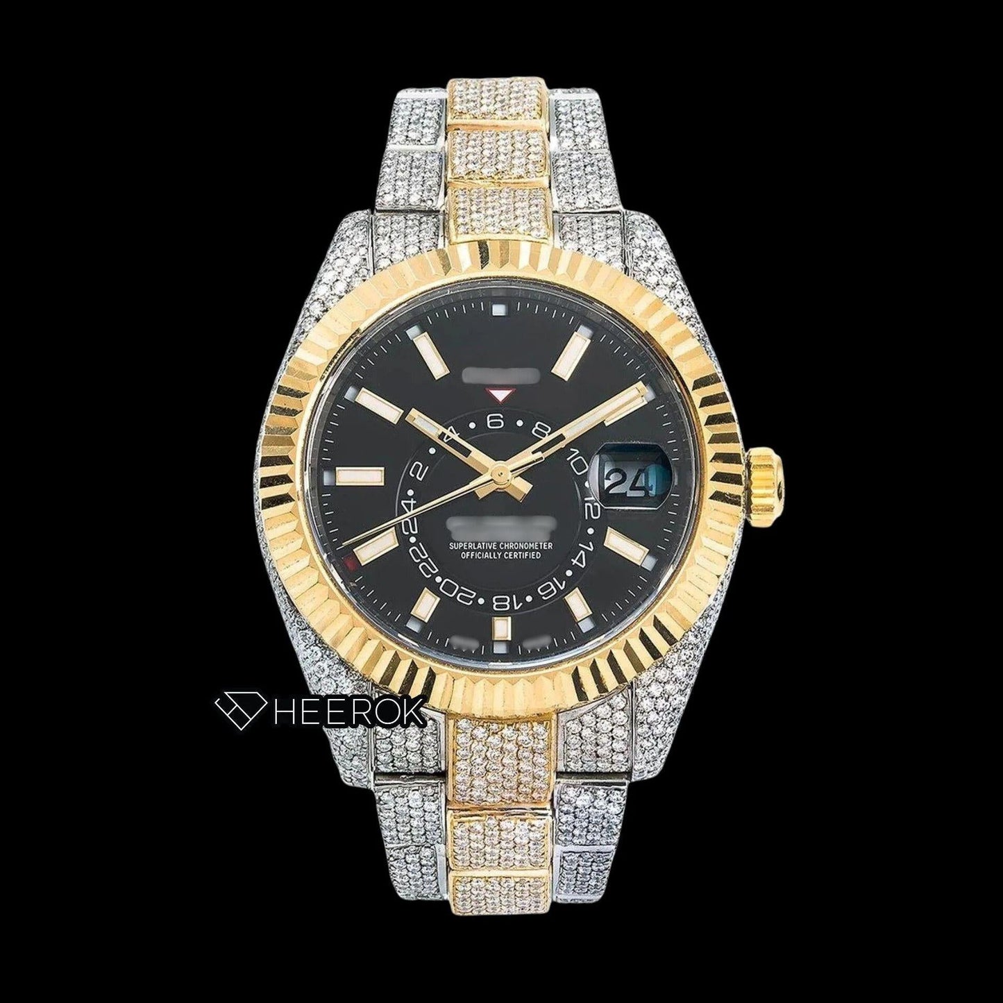 Rolex Sky-Dweller Black Dial Stick Markers Fluted Bezel Two Tone Yellow Gold Fully Iced Moissanite Diamond Oyster Bracelet Watch