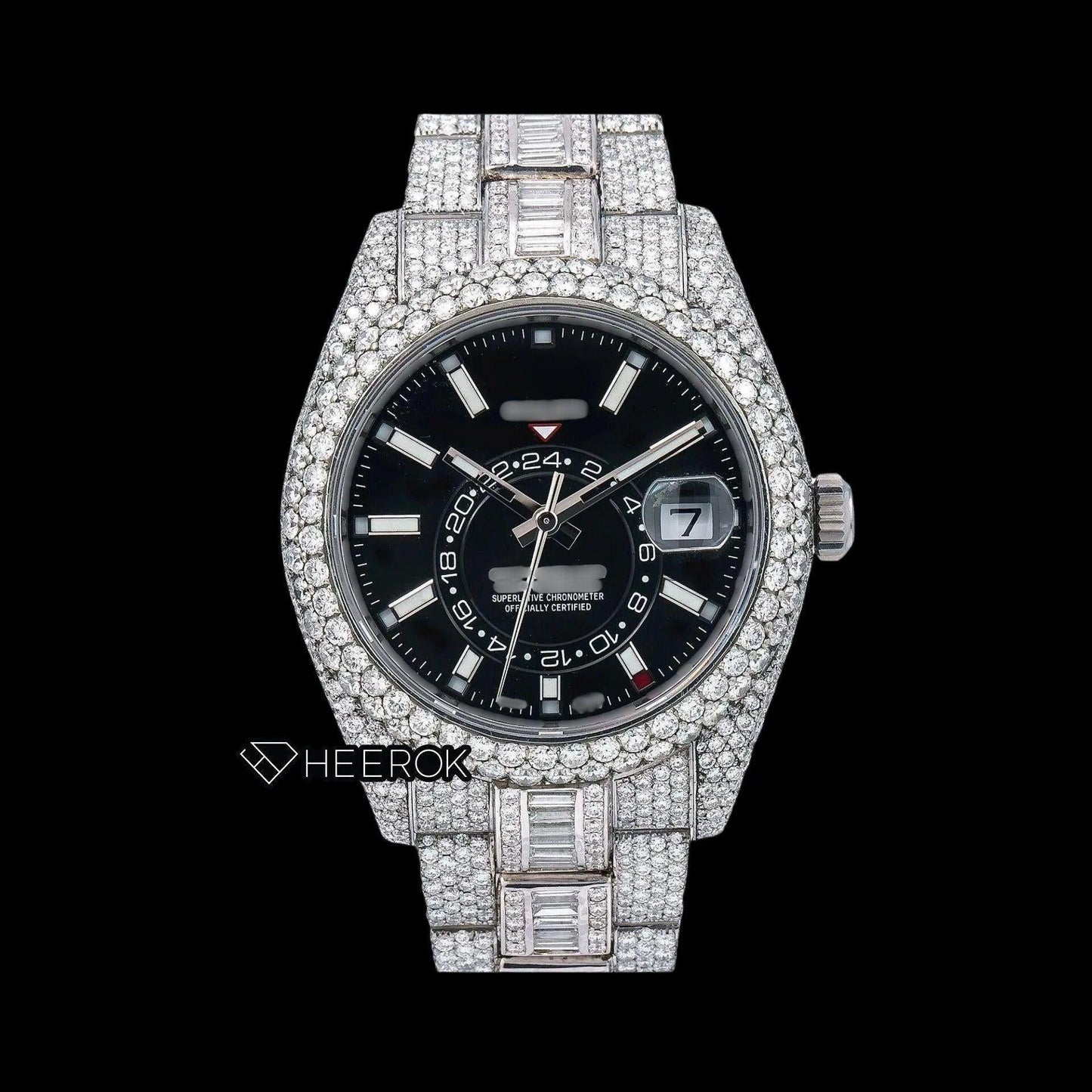 Rolex Sky-Dweller Black Dial White Stick Markers Diamond Bezel Bust Down Moissanite Diamond Baguette Oyster Bracelet Watch